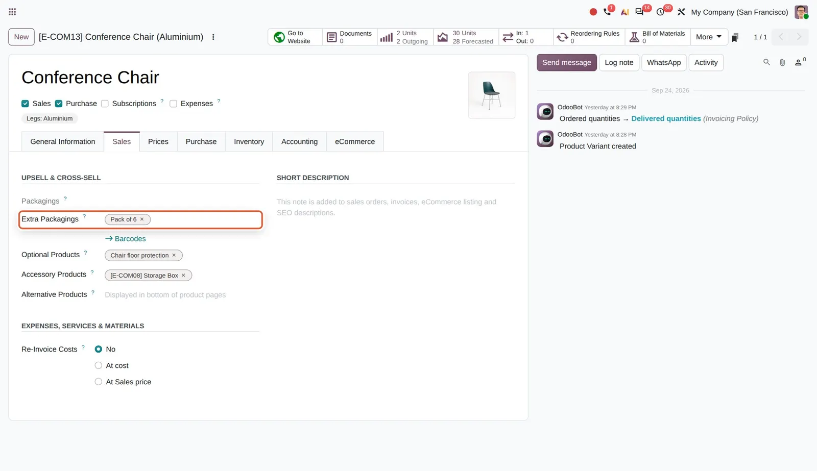Odoo 20 Variant-specific packagings: Extra Packagings on the Aluminium variant holds Pack of 6, a packaging only this variant uses.