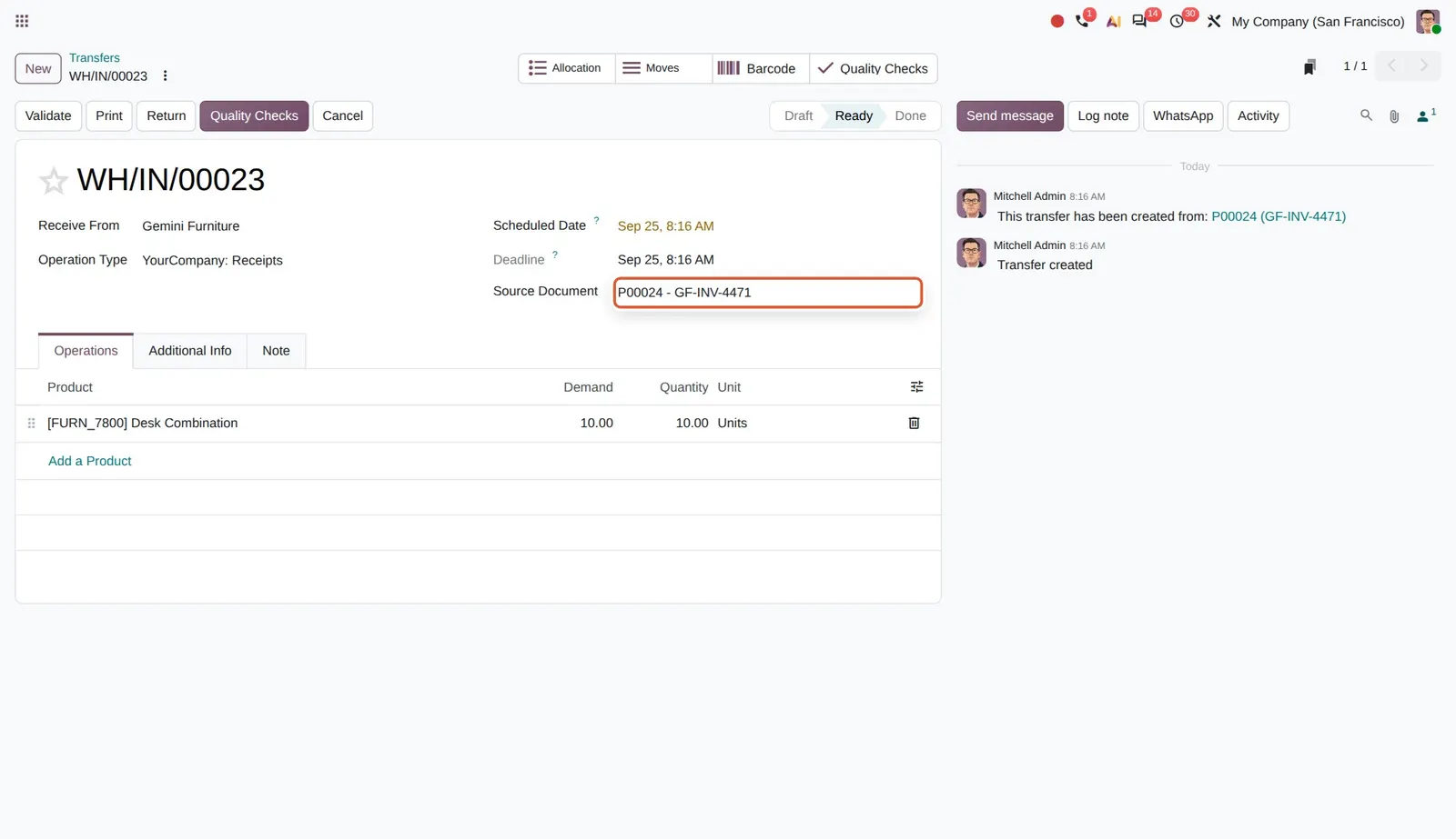 Odoo 20 Vendor purchase reference: Source Document shows the PO number followed by the vendor reference GF-INV-4471.