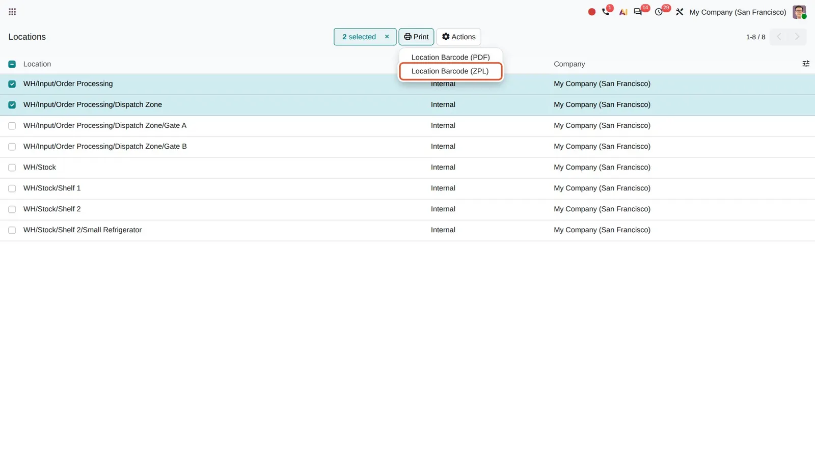 Odoo 20 ZPL location barcodes: The Print menu of the location list with the new Location Barcode (ZPL) entry.