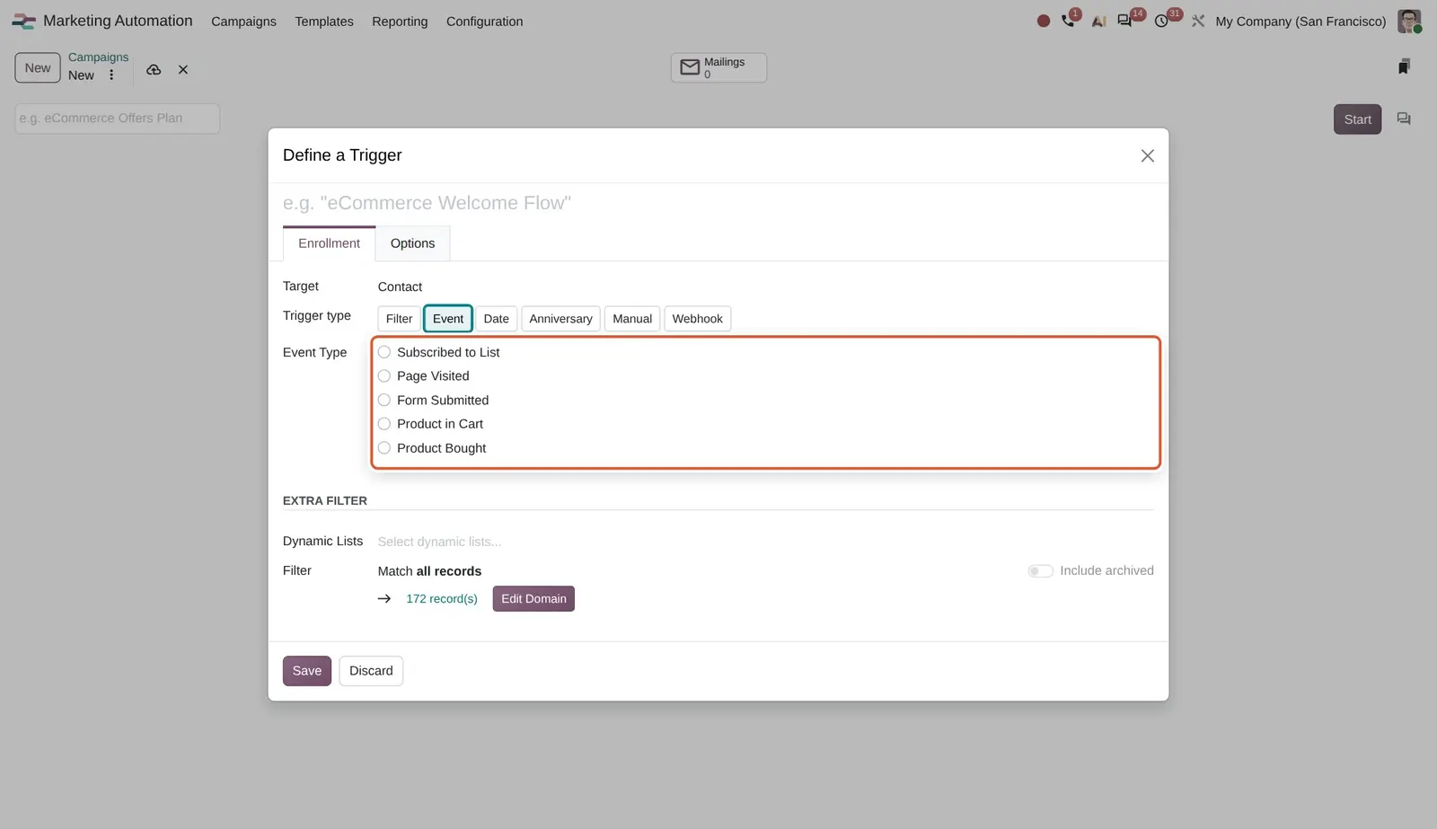Odoo 20 Event-based triggers: With the Event trigger type, the campaign can start on list subscription, page visit, form submission, product in cart or product bought.