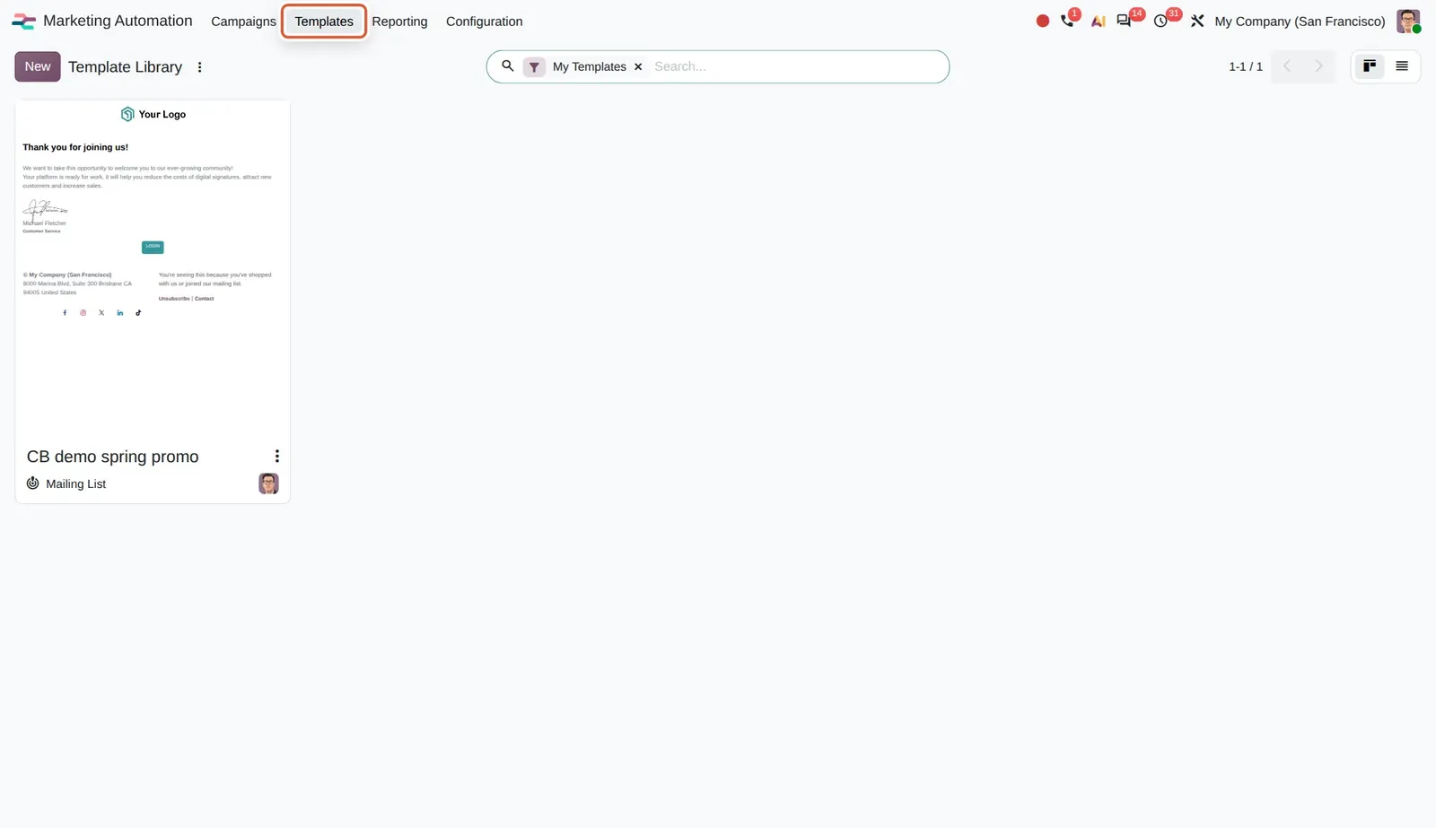 Odoo 20 Mailing template library: The new Templates menu opens the Template Library of saved mailings.
