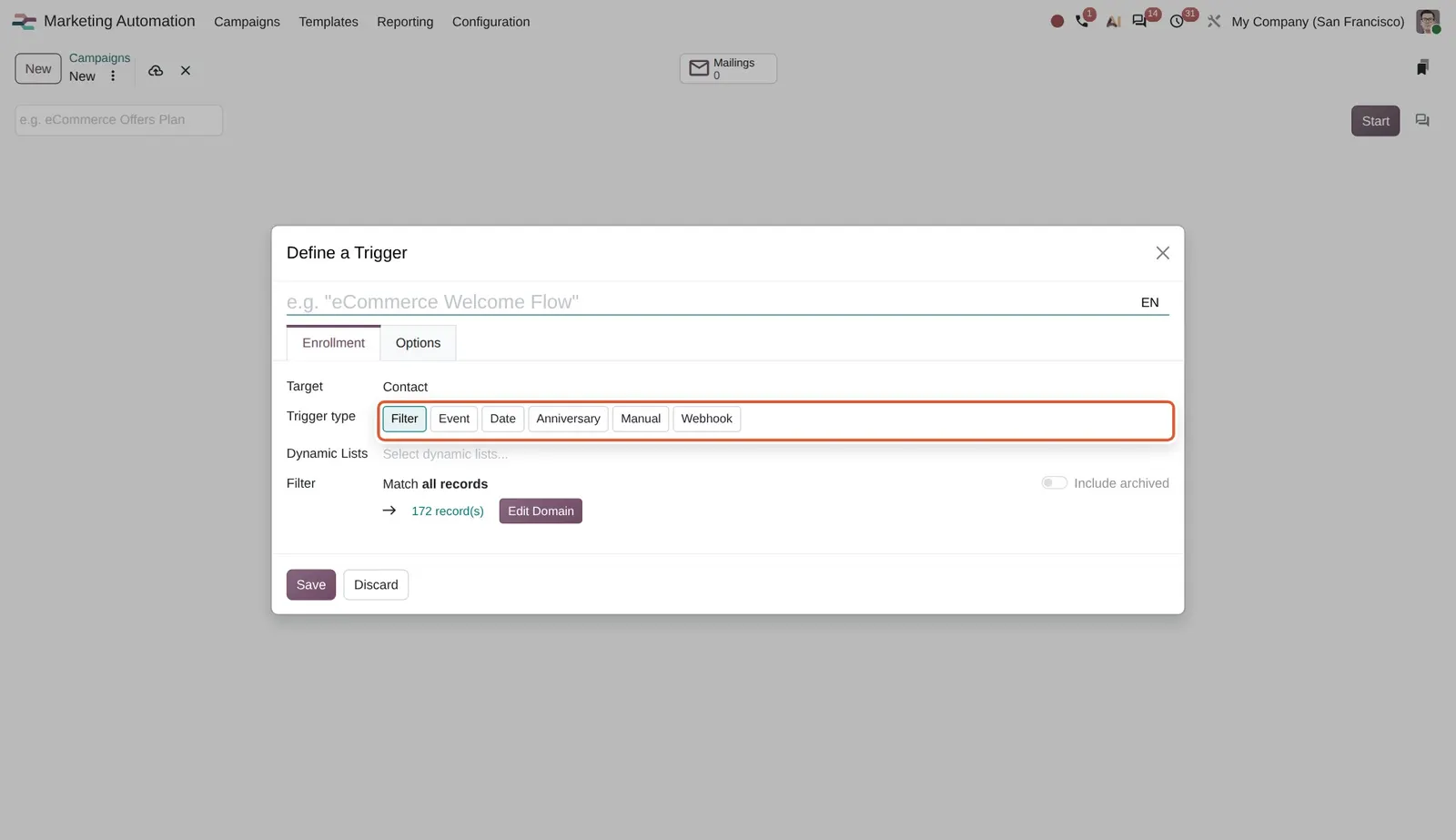 Odoo 20 New triggers and actions: The trigger type choices: Filter, Event, Date, Anniversary, Manual and Webhook.