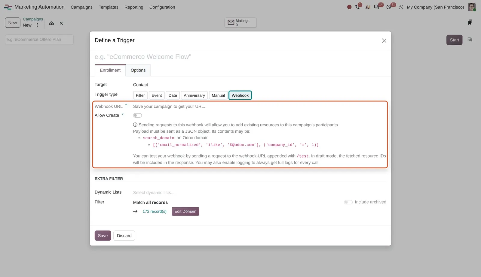 Odoo 20 Webhook integration: The Webhook trigger shows the webhook URL (after saving), the Allow Create switch and how to send the JSON payload.