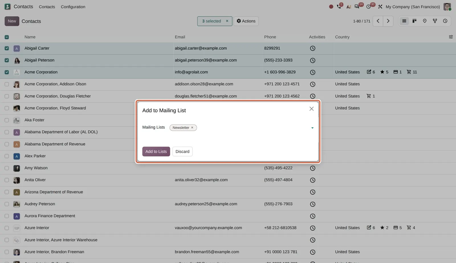 Odoo 20 Contact management: The new Add to Mailing List dialog opened from three selected contacts. Several lists can be picked at once.