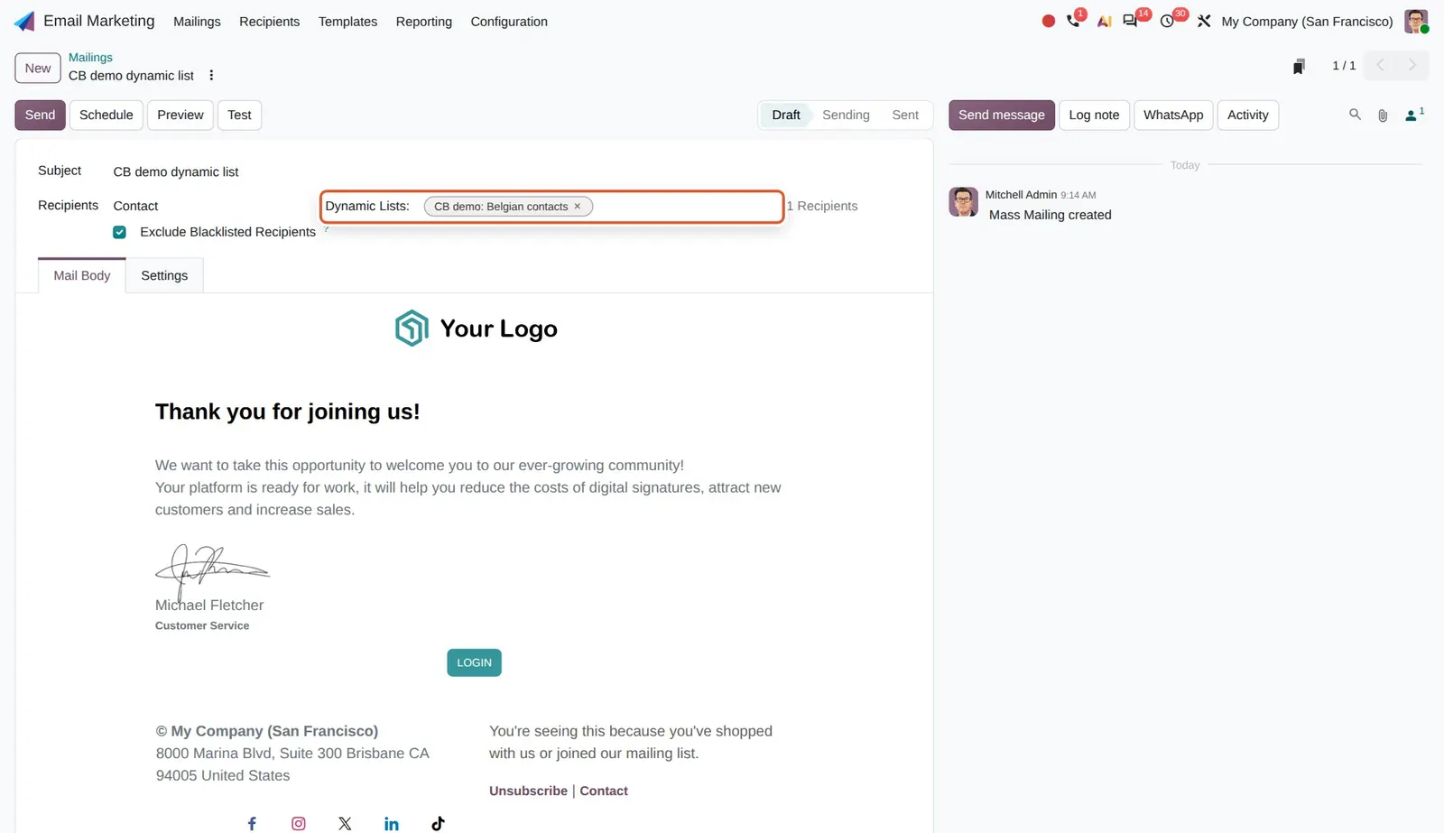 Odoo 20 Dynamic mailing lists: The Dynamic Lists field on a mailing to Contacts, using a demo list of Belgian contacts.