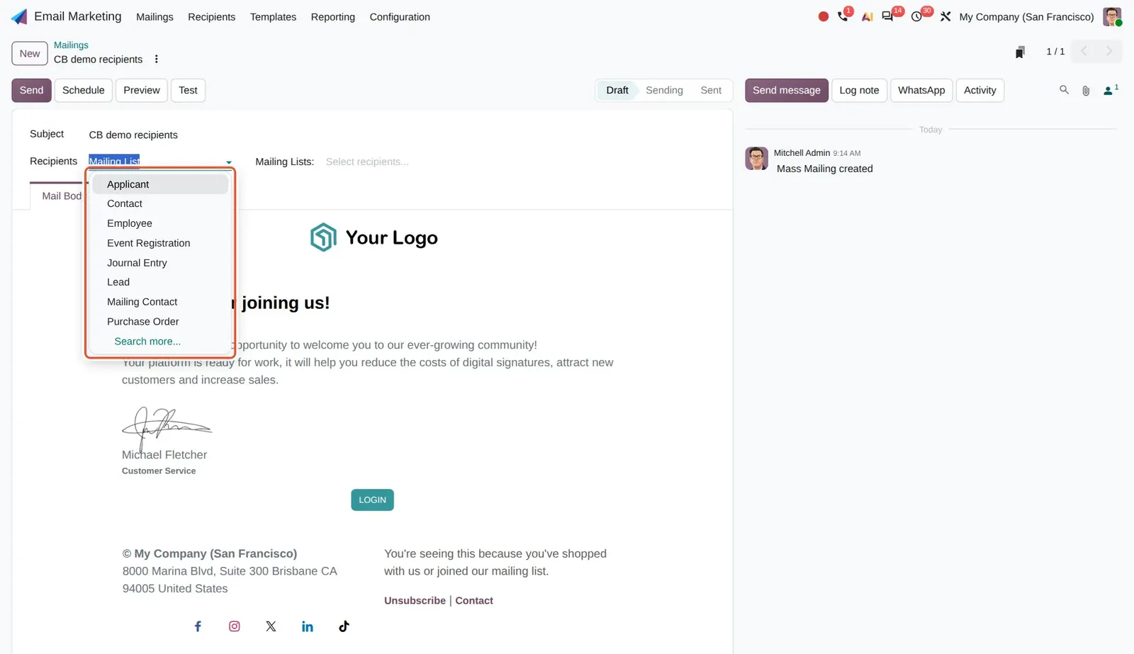 Odoo 20 Employee/supplier mailings: The Recipients dropdown now includes Employee and Purchase Order.
