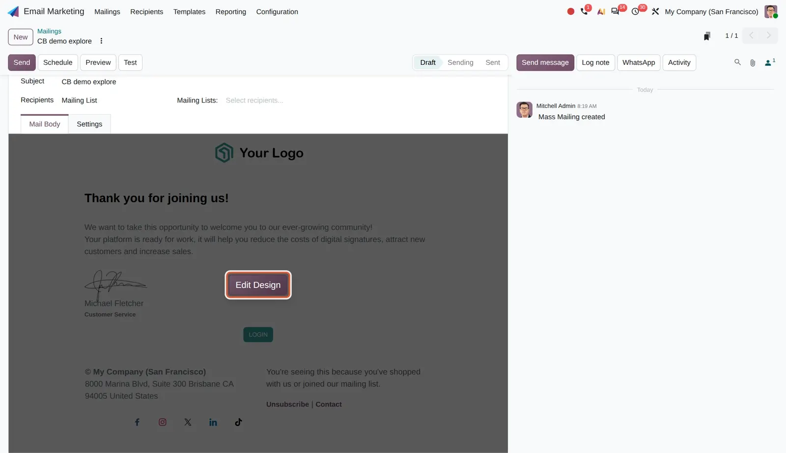 Odoo 20 Full-screen editing: Hovering the mail body shows the Edit Design button, which opens the editor in full screen.