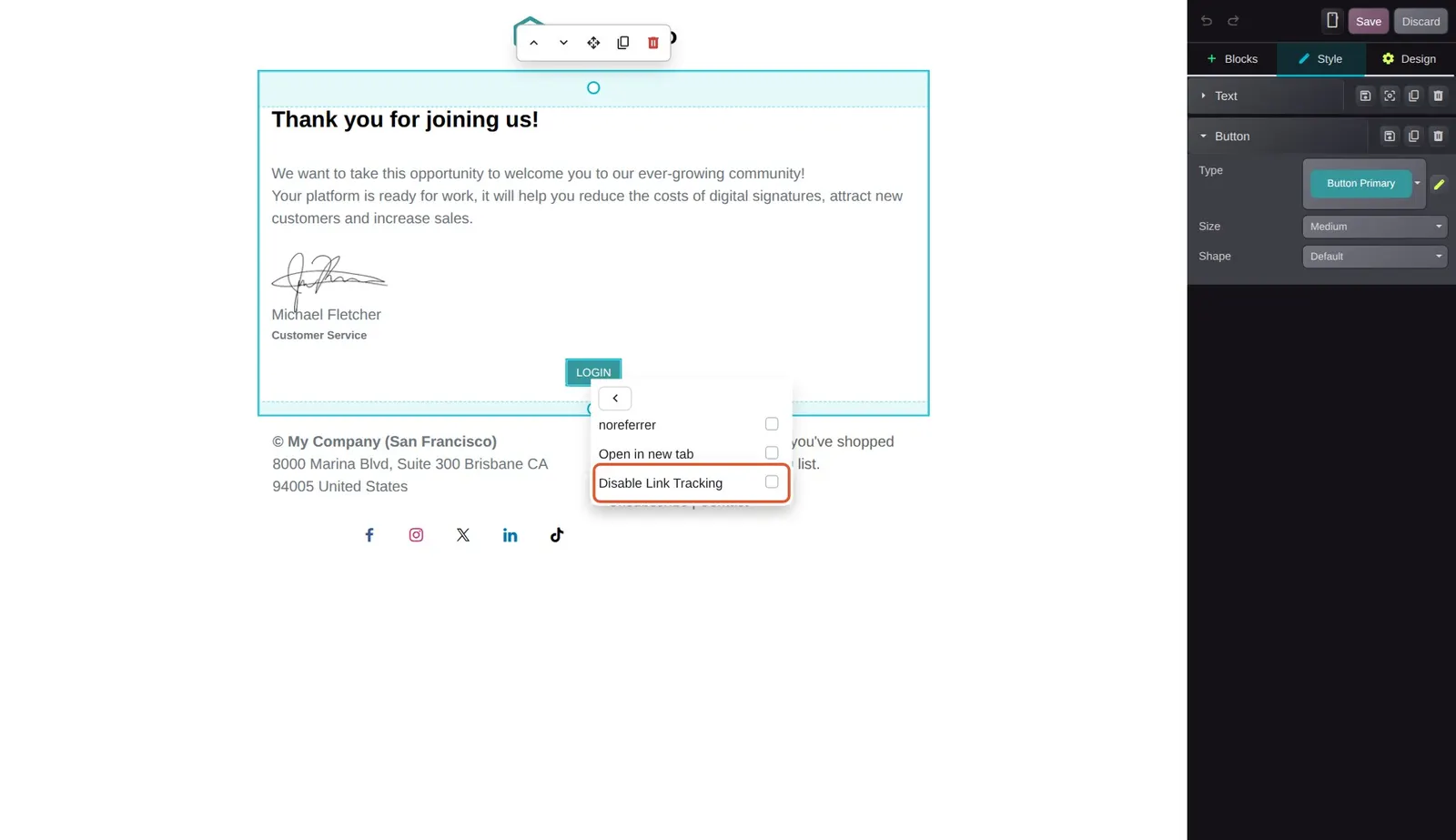 Odoo 20 Link tracking: The new Disable Link Tracking checkbox in the advanced options of the link popover.