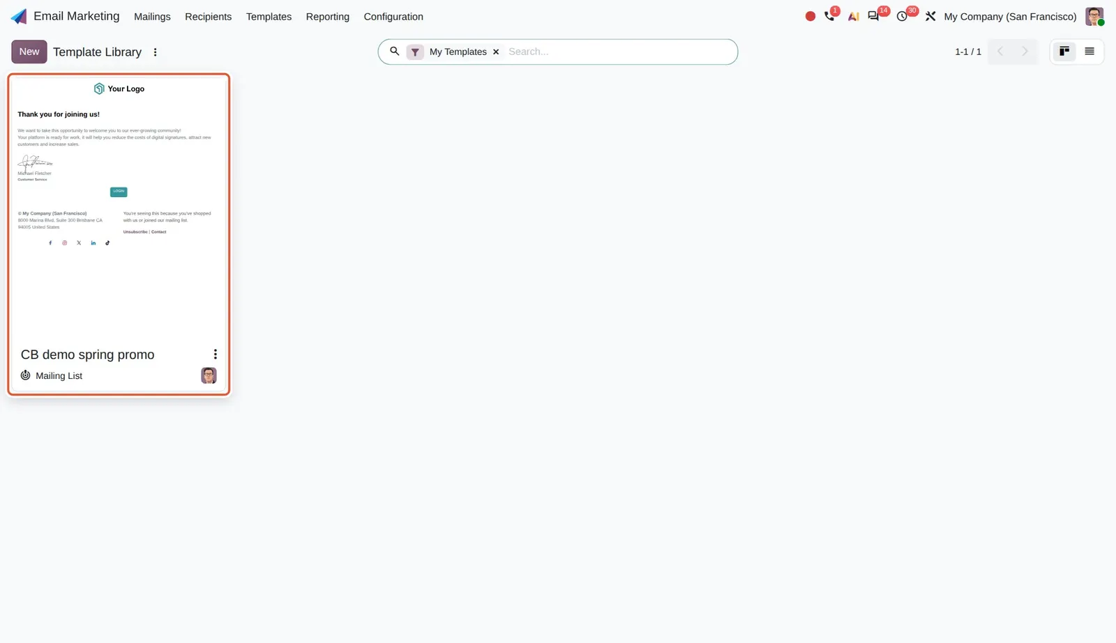 Odoo 20 Mailing template library: The Template Library opened from the new Templates menu, with a mailing saved as template.