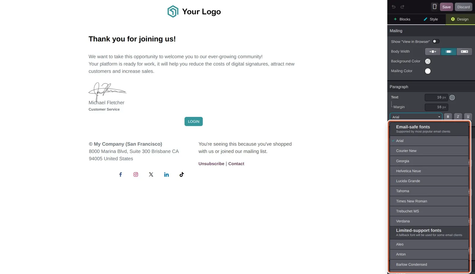 Odoo 20 New fonts: The font list with the Email-safe fonts group and the new Limited-support fonts group, whose fonts use a fallback font in some email clients.