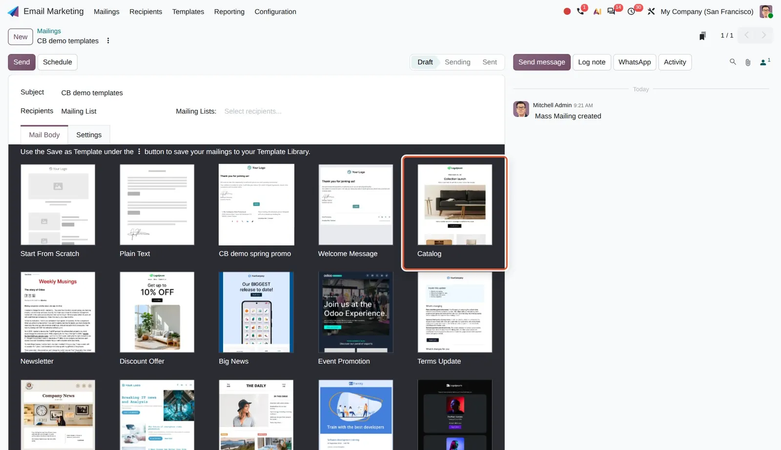 Odoo 20 New templates and blocks: The new Catalog template in the template picker. Terms Update is also new and visible on the next row.