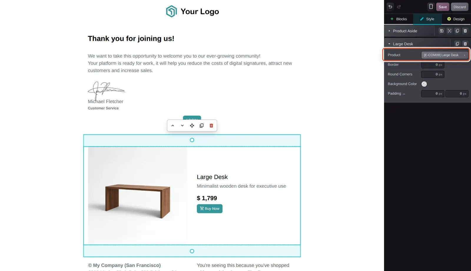 Odoo 20 Product and event snippets: A Product Aside block after choosing Large Desk in the Product field: name, description, price and picture are filled in.