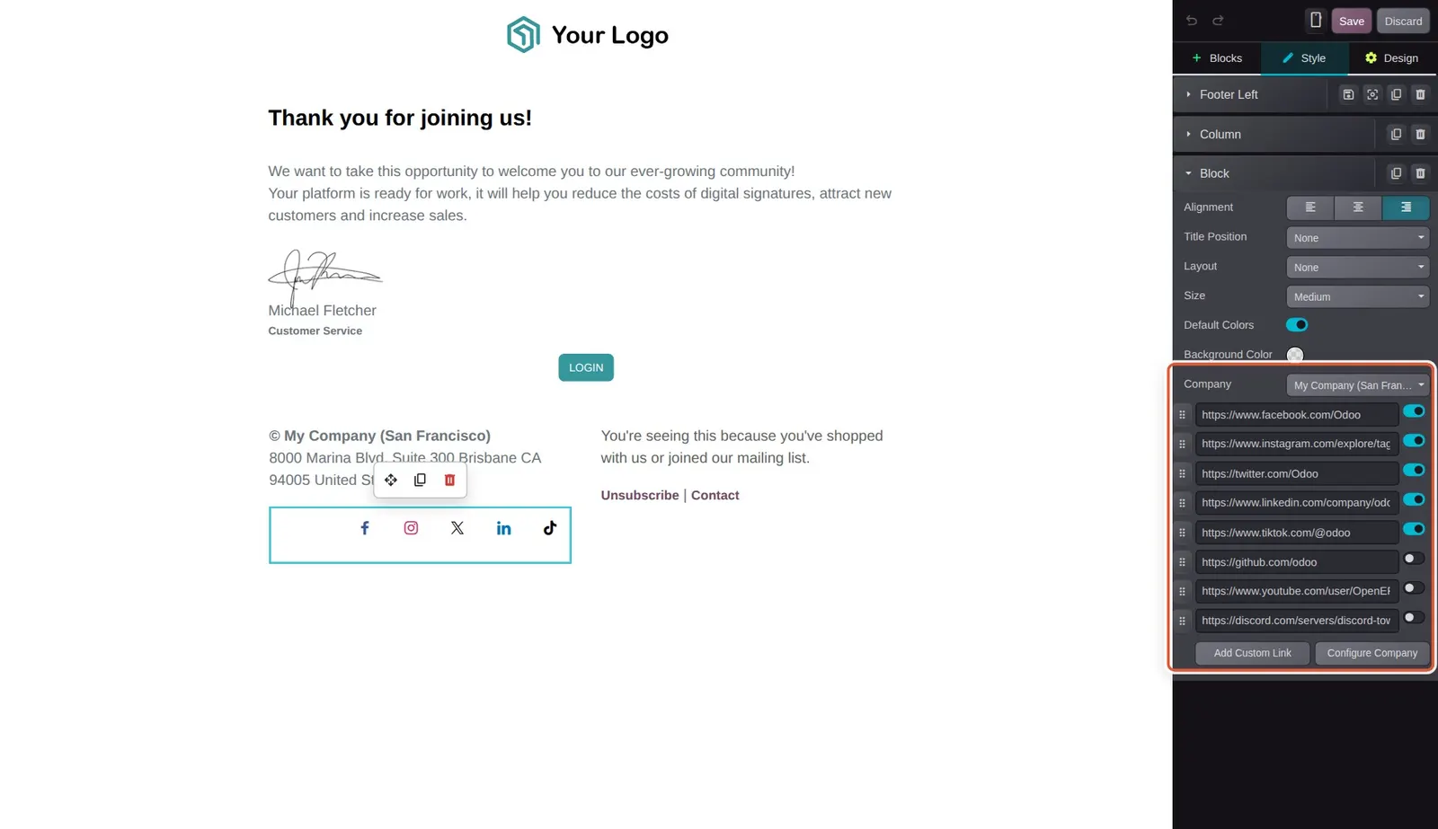 Odoo 20 Social media accounts: The company social accounts listed in the Social Media block options, with switches, Add Custom Link and Configure Company.