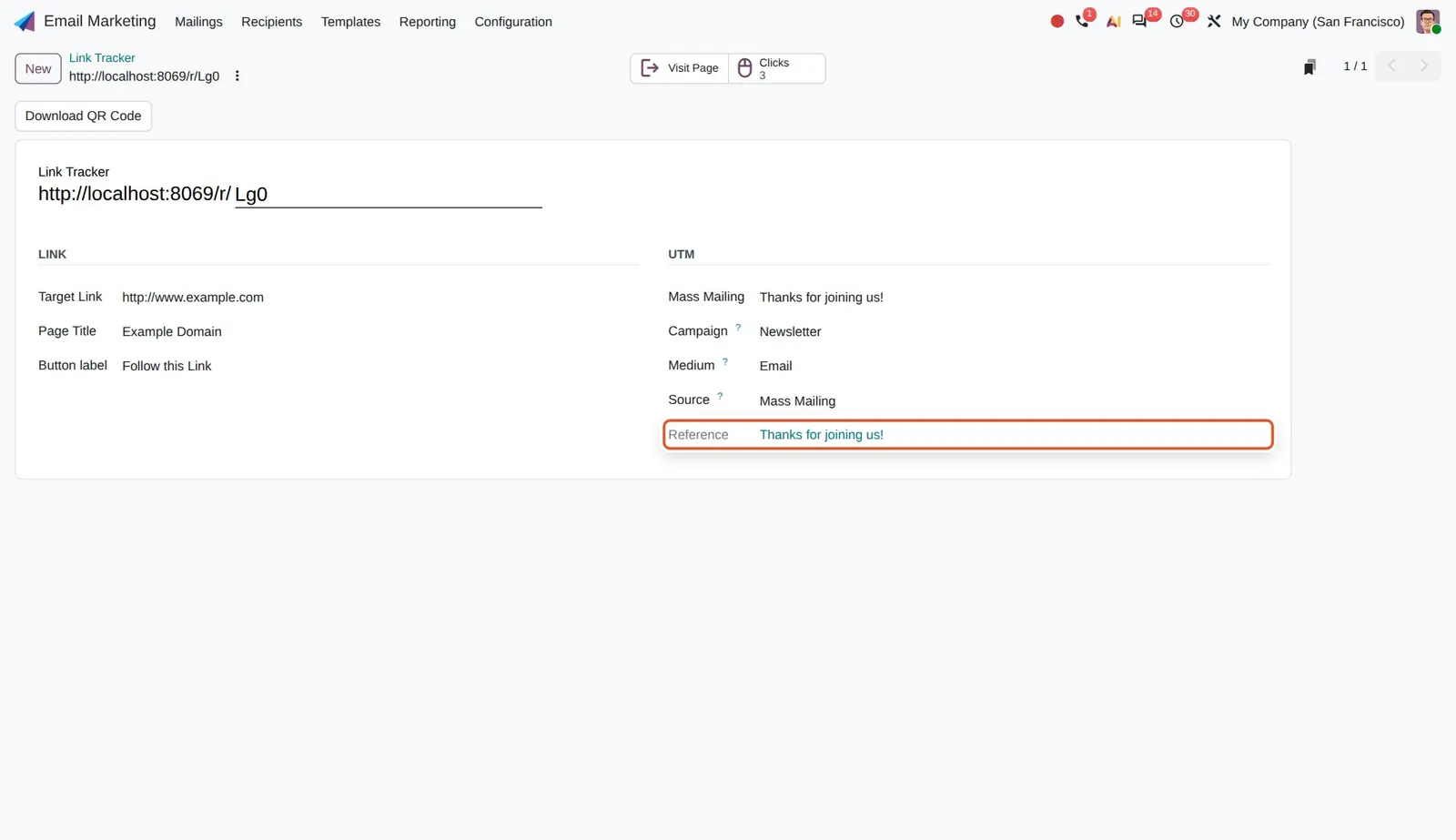 Odoo 20 UTM reference: The new Reference field points to the mailing, while Source stays the generic Mass Mailing source.