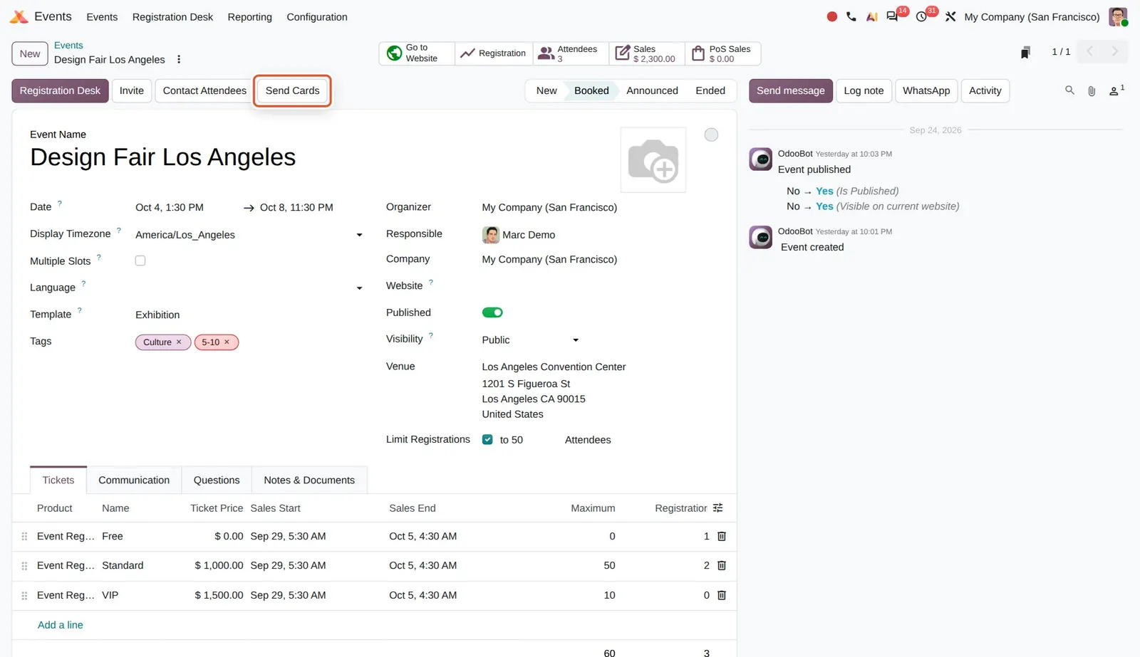 Odoo 20 Event app integration: The new Send Cards button on the event form.