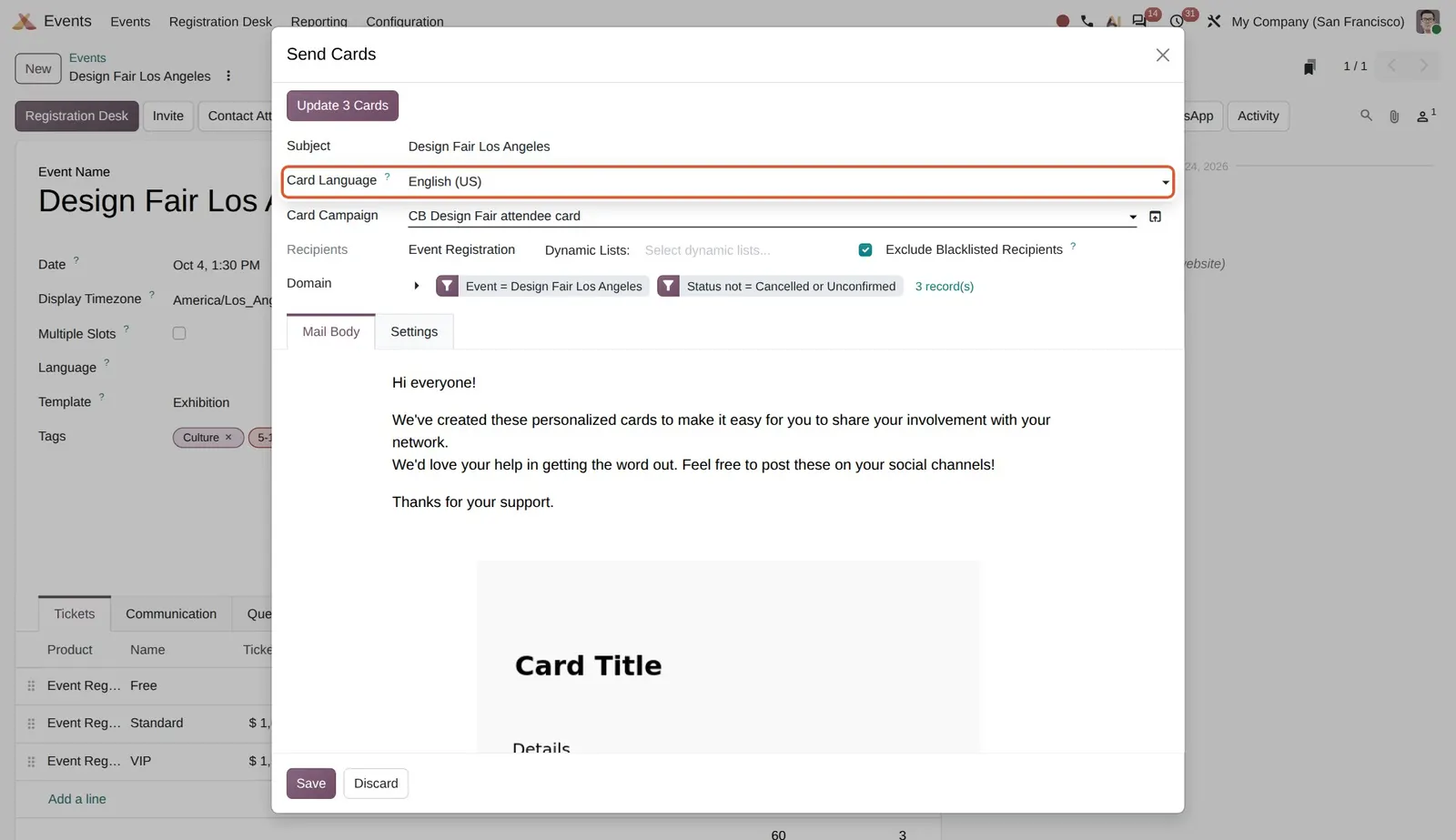 Odoo 20 Language support: The new Card Language field on a card mailing.