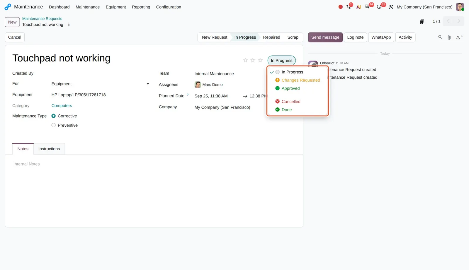 Odoo 20 UX improvements: The new Status widget lists In Progress, Changes Requested, Approved, Cancelled and Done.