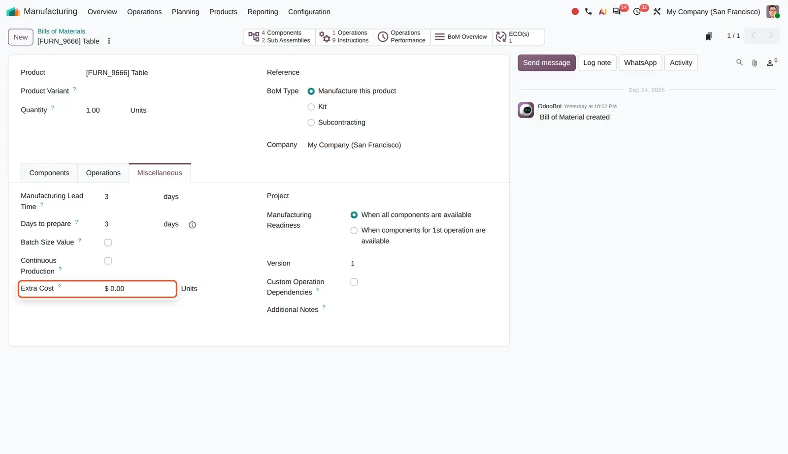 Odoo 20 Bill of materials: The new Extra Cost field per unit on the bill of materials.