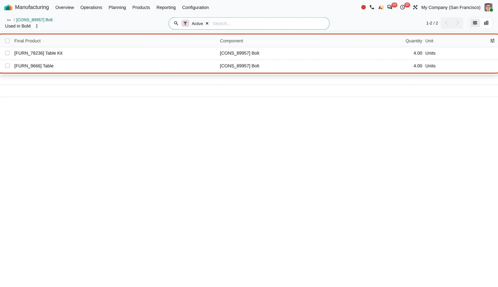 Odoo 20 Component replacement: Used In now lists the BoM lines that use Bolt, with final product and quantity.