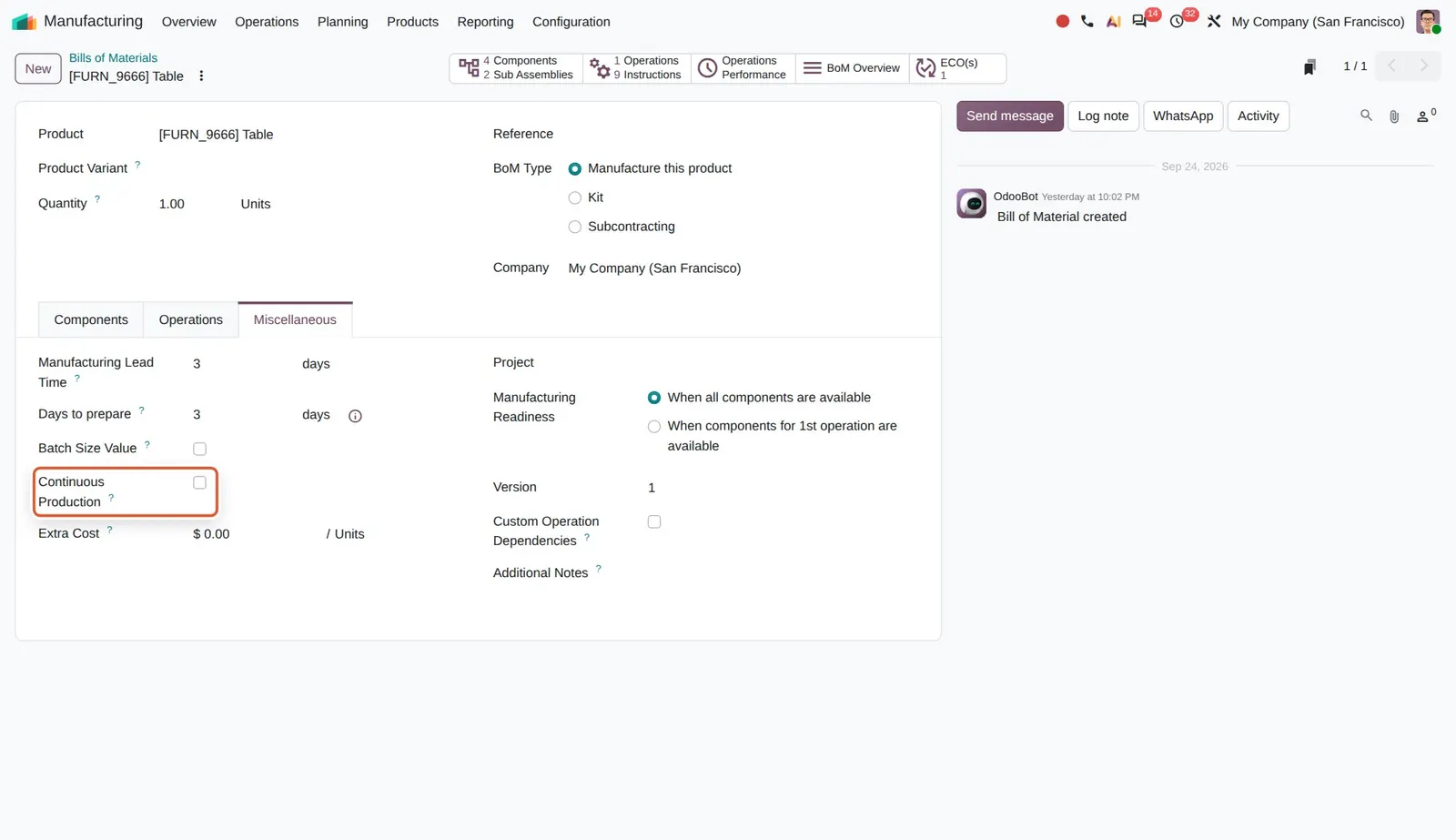 Odoo 20 Continuous production: The new Continuous Production option on the bill of materials.
