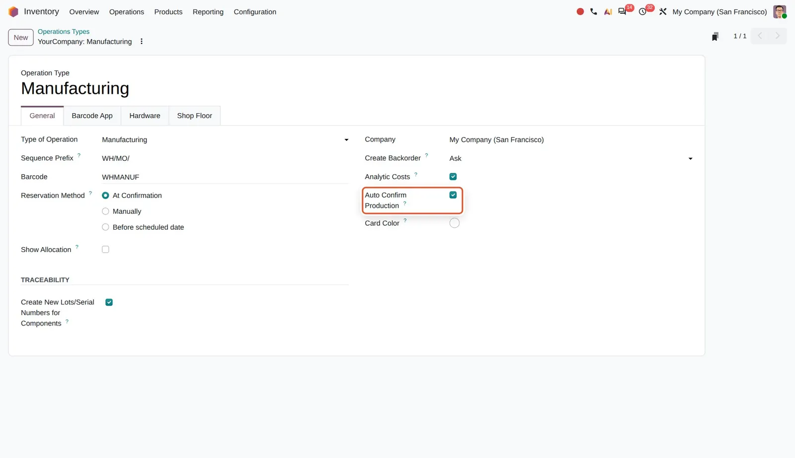 Odoo 20 Draft versus confirmed manufacturing orders: The new Auto Confirm Production checkbox on the Manufacturing operation type.
