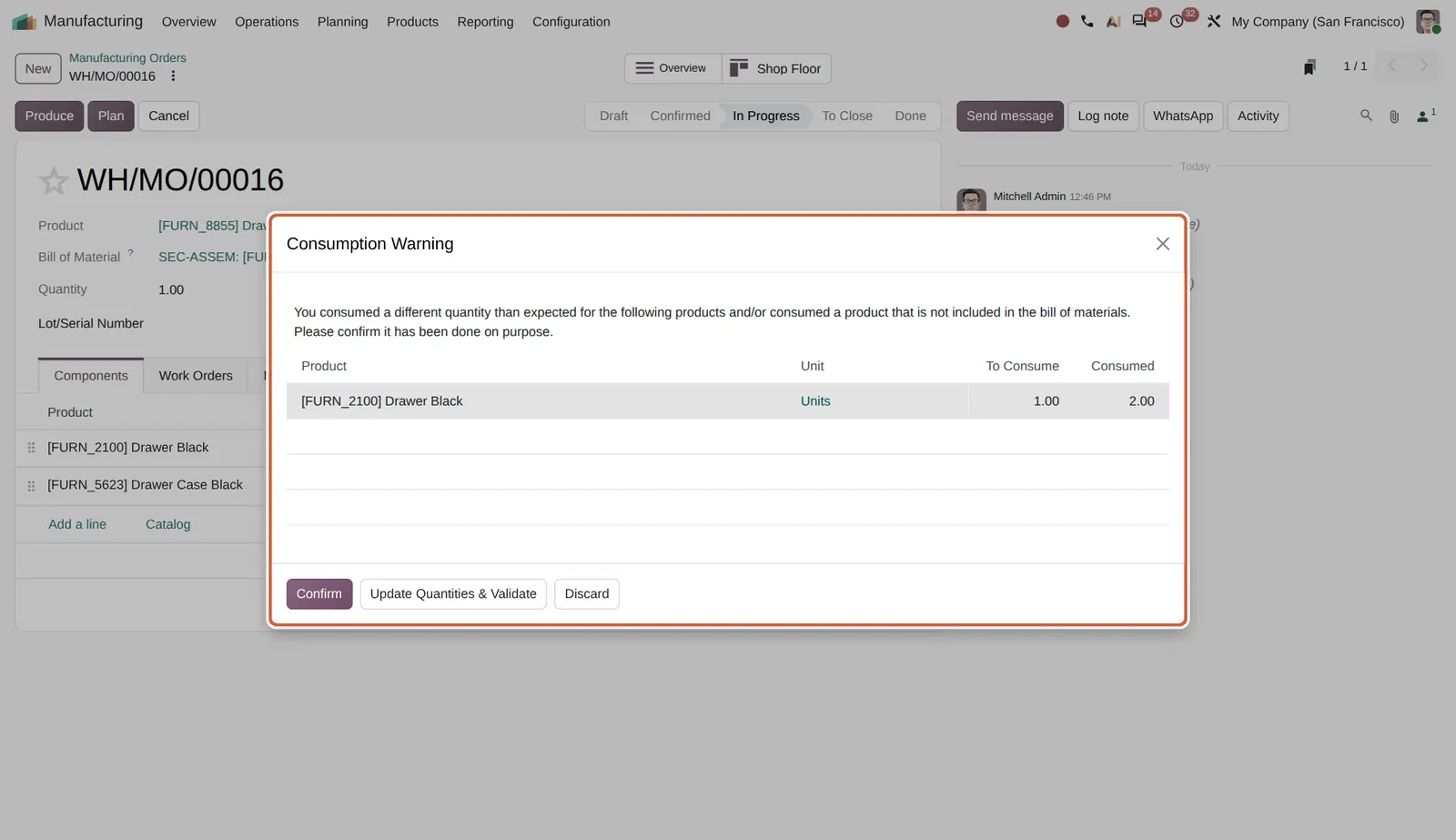 Odoo 20 Flexible consumption: With an extra unit consumed, Produce shows the Consumption Warning, which can always be confirmed.