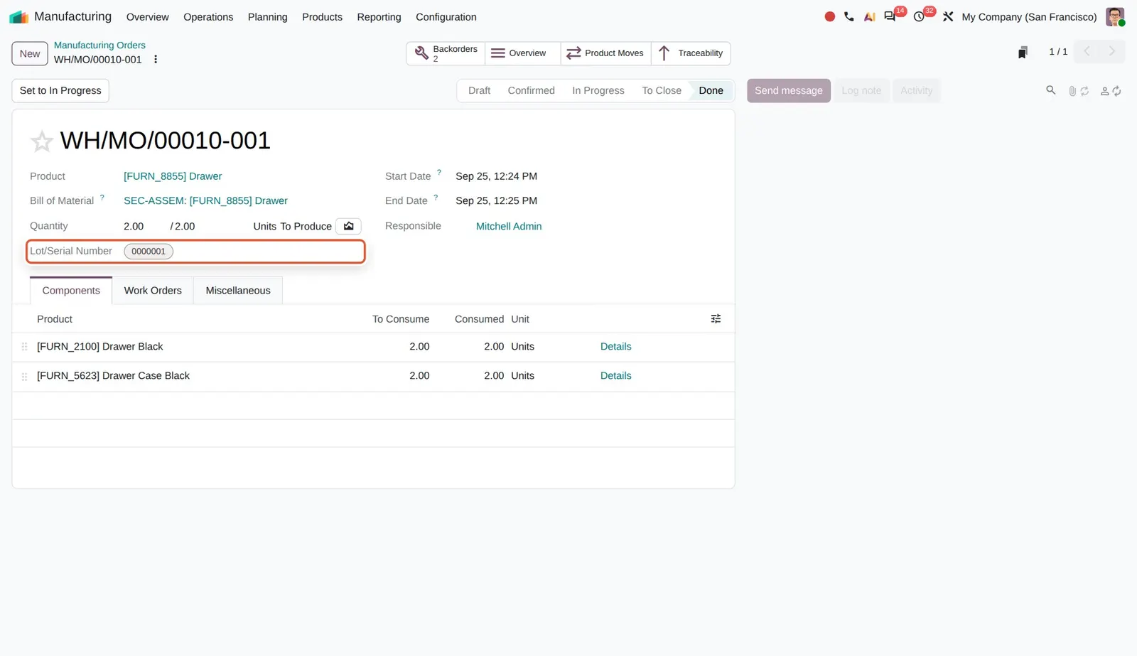 Odoo 20 Generate lots and serials when closing manufacturing orders: The lot 0000001 was generated automatically when the order was closed.