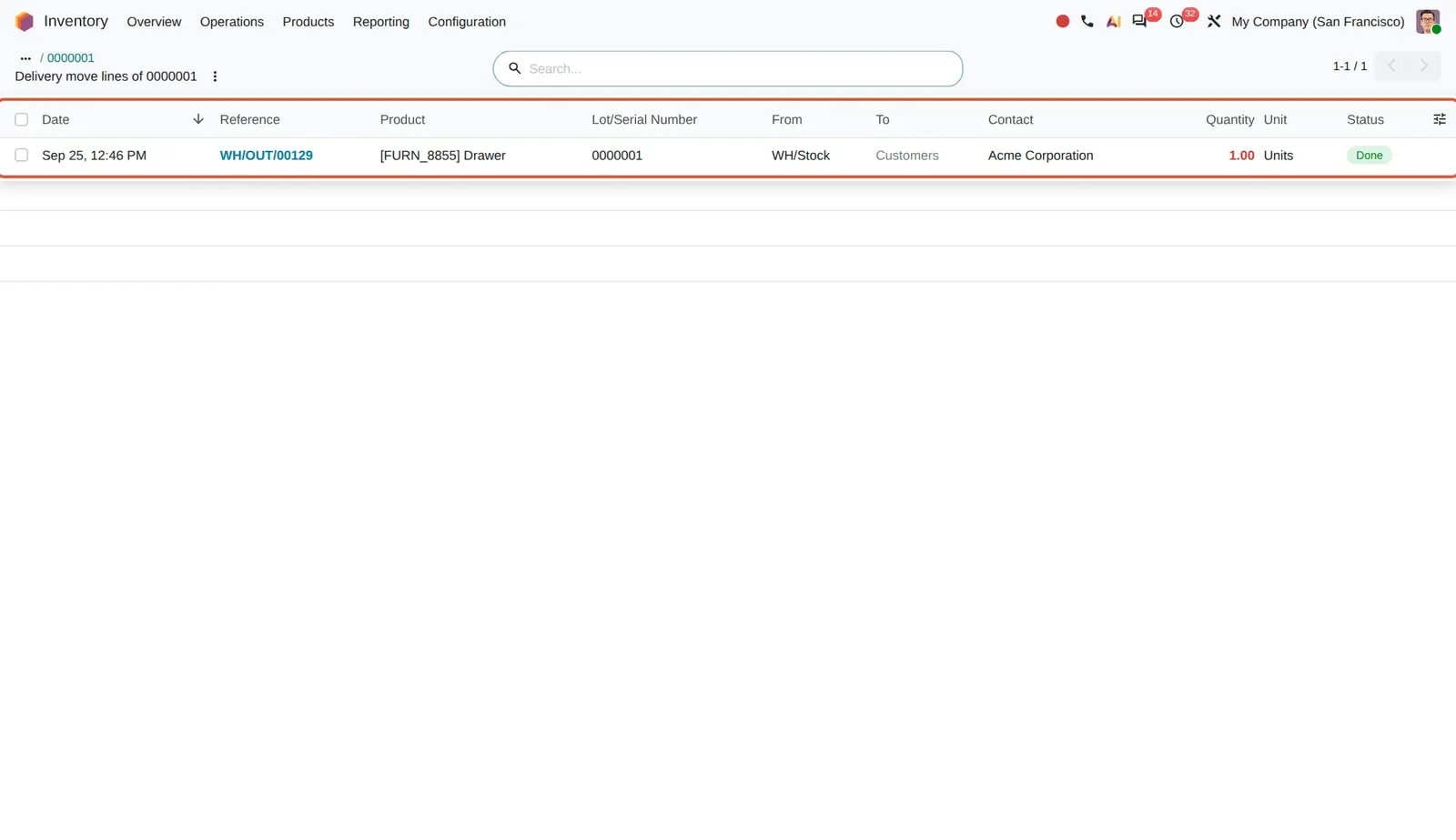 Odoo 20 Lot/serial number transfers: The delivery move line of lot 0000001 (created for this shot) shown after clicking Transfers.