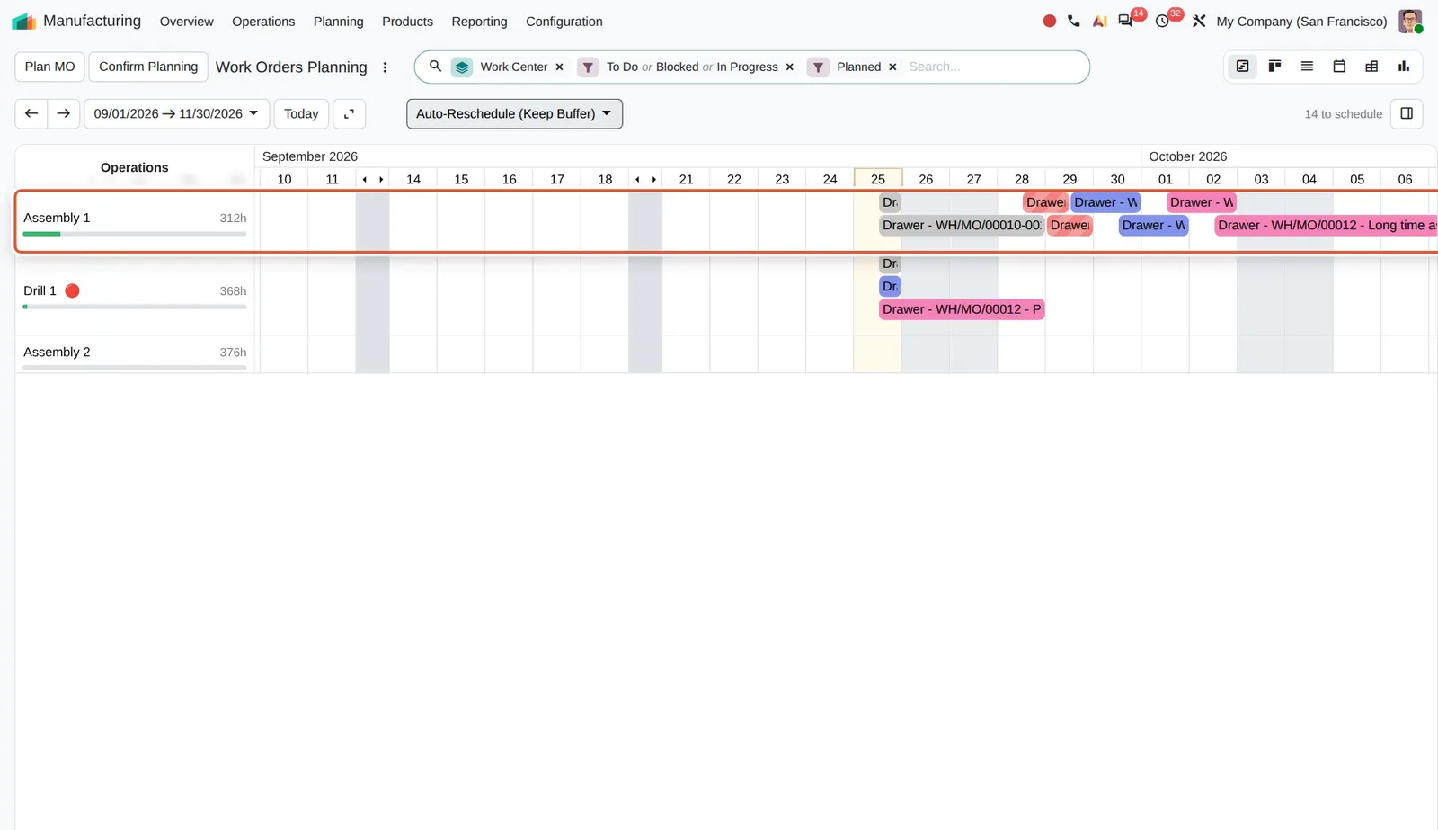 Odoo 20 Manufacturing orders planned ASAP: The Drawer orders planned together are queued one after another on Assembly 1, the first one starting today.