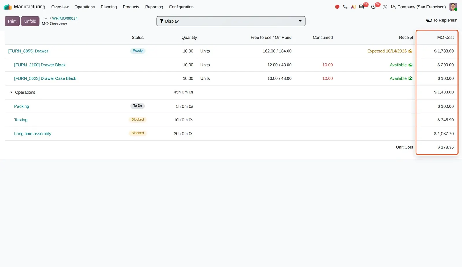 Odoo 20 MO cost: The single MO Cost column of an order in progress.