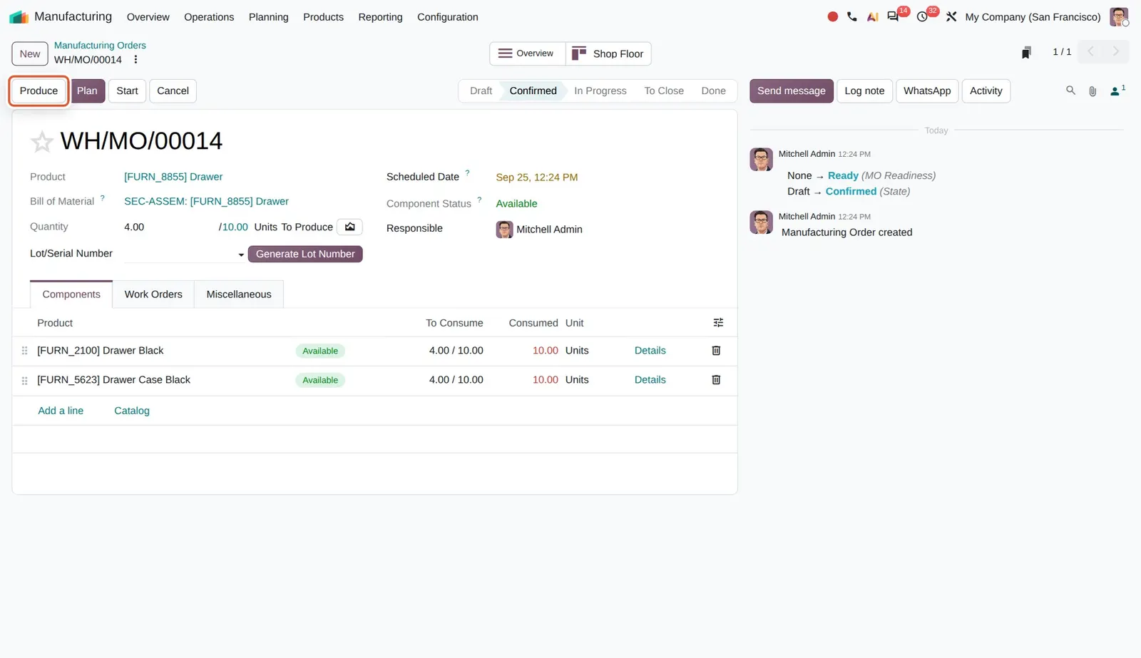 Odoo 20 Produce button: The single Produce button on a confirmed order.