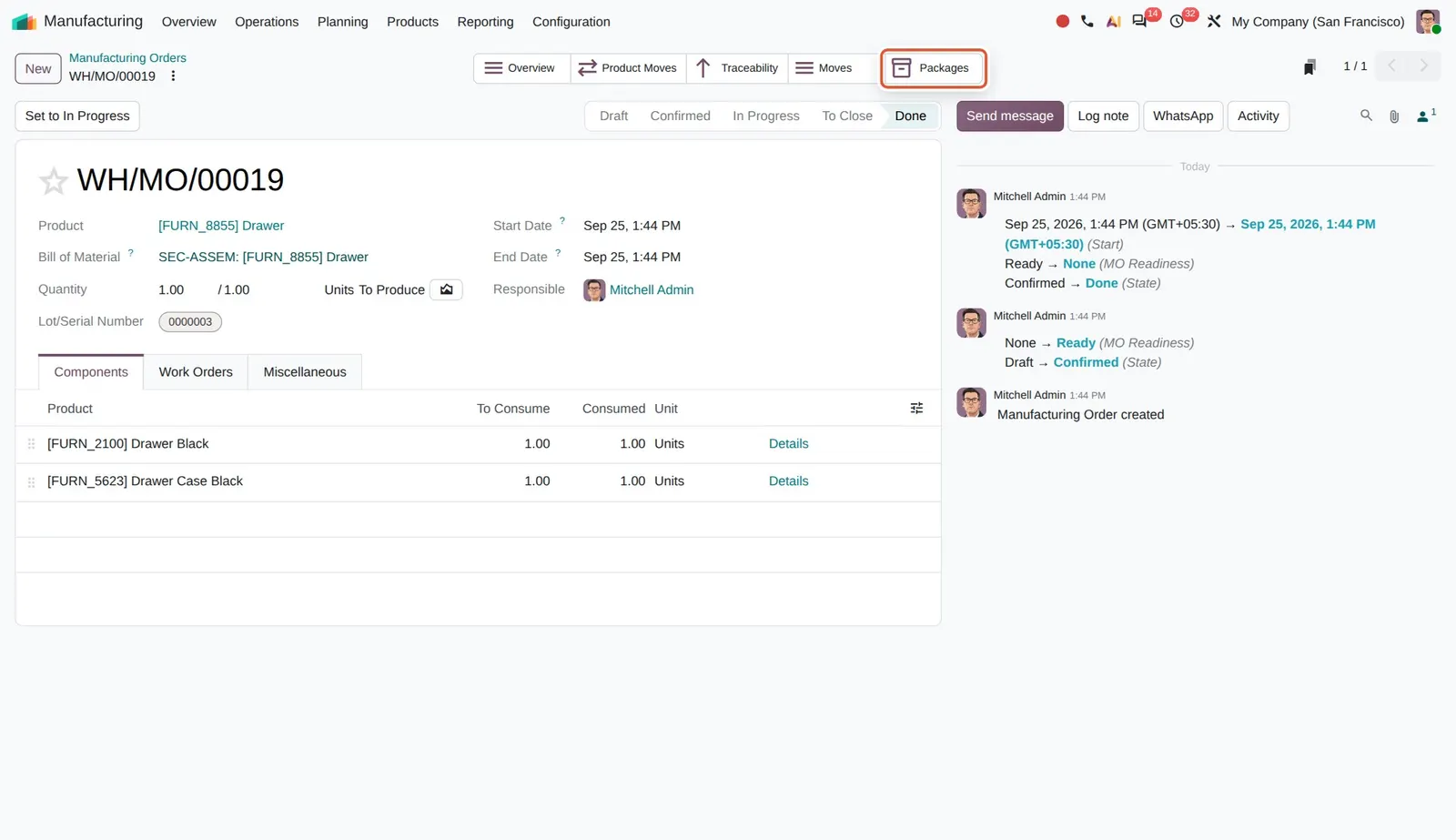 Odoo 20 Put in pack from MO: The Packages smart button of an order whose finished product went into a package (demo data created for this shot).