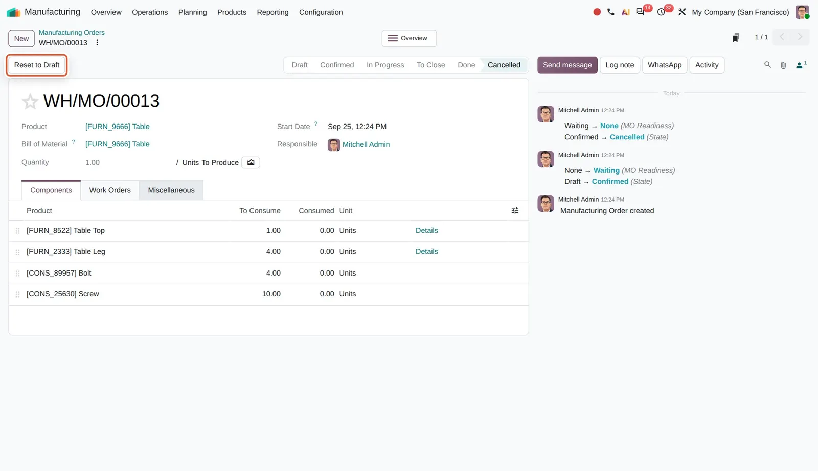 Odoo 20 Reset MO to draft: The new Reset to Draft button on a cancelled order.