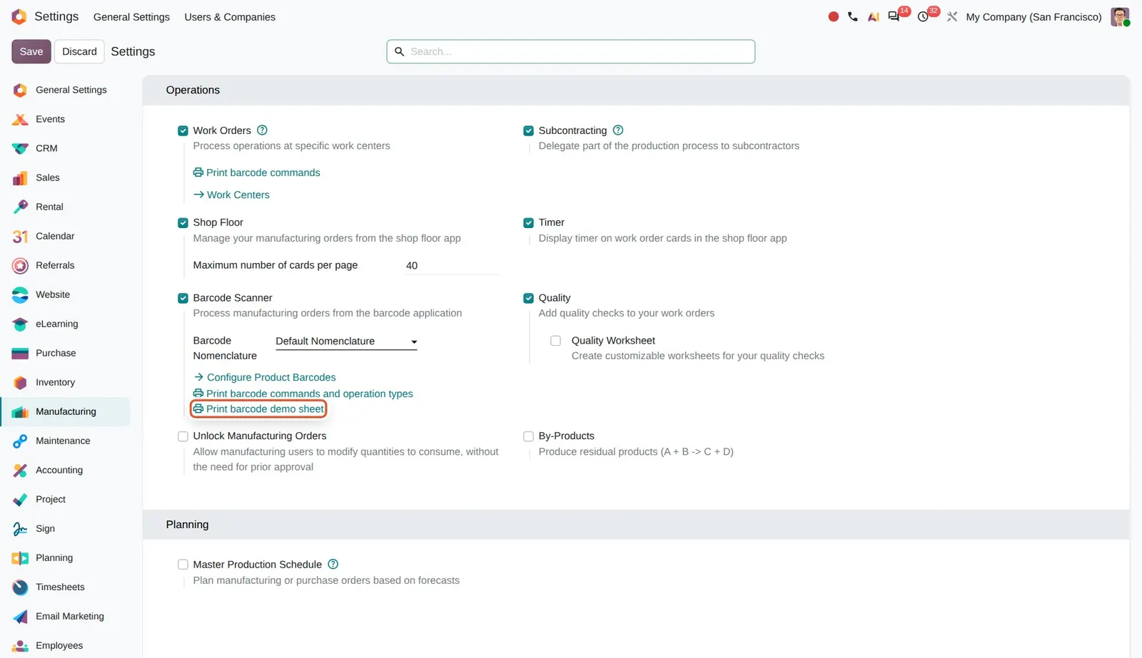 Odoo 20 Shop Floor demo sheet: The Print barcode demo sheet link in the Manufacturing settings.