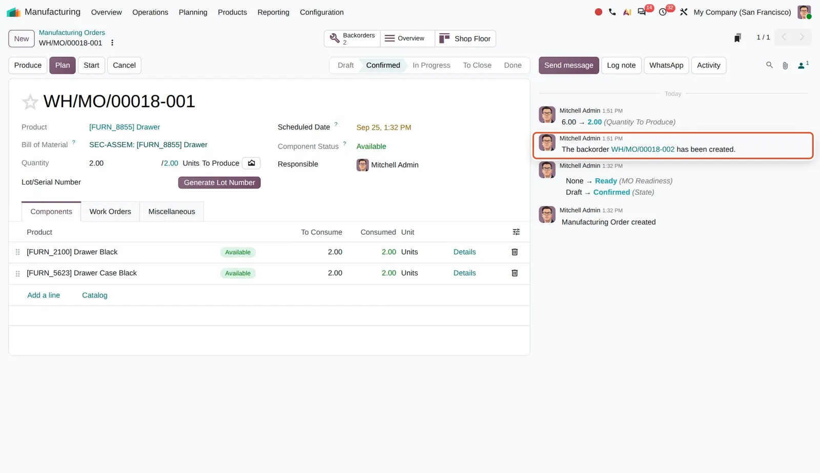 Odoo 20 Split manufacturing orders: After Split on WH/MO/00018 (2 of 6 units being produced, created for this shot), the order keeps 2 units and the chatter links the backorder created for the rest.