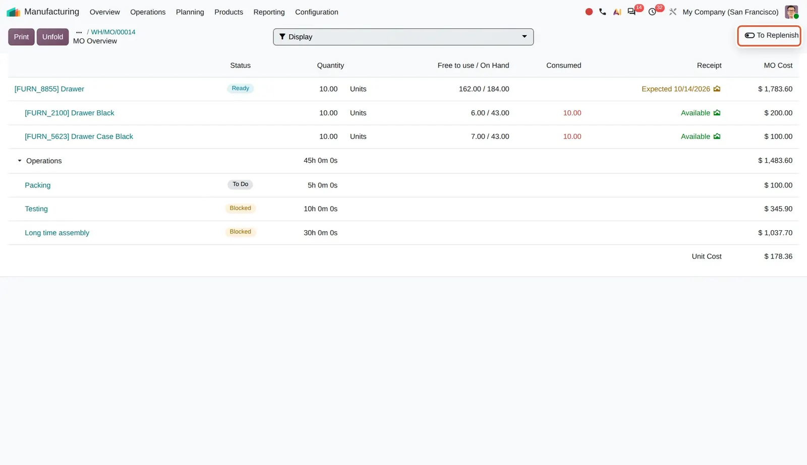 Odoo 20 To Replenish filter: The new To Replenish toggle in the MO Overview.