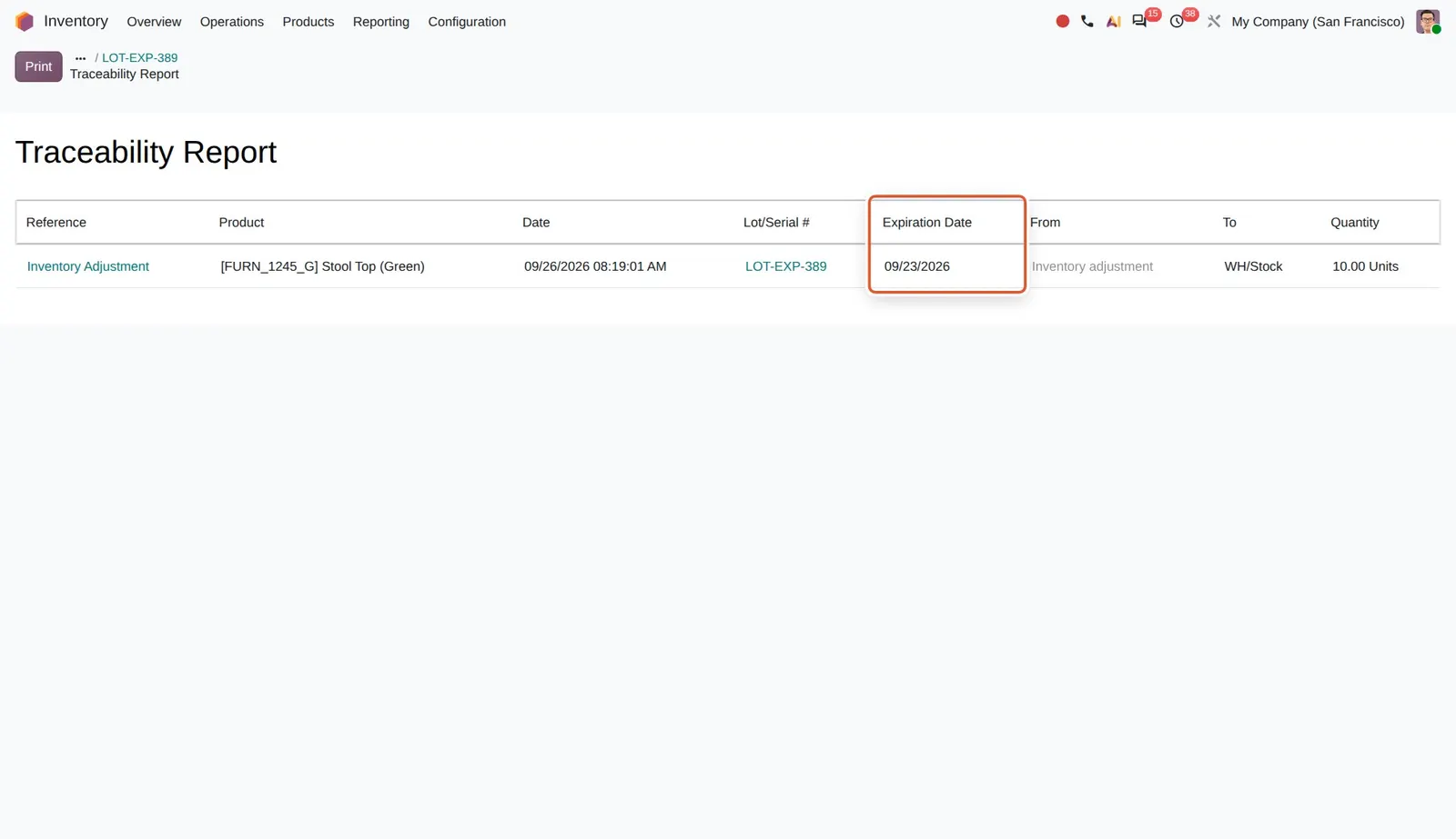Odoo 20 Traceability report expiration dates: The traceability report for lot LOT-EXP-389 has an Expiration Date column, showing 09/23/2026.