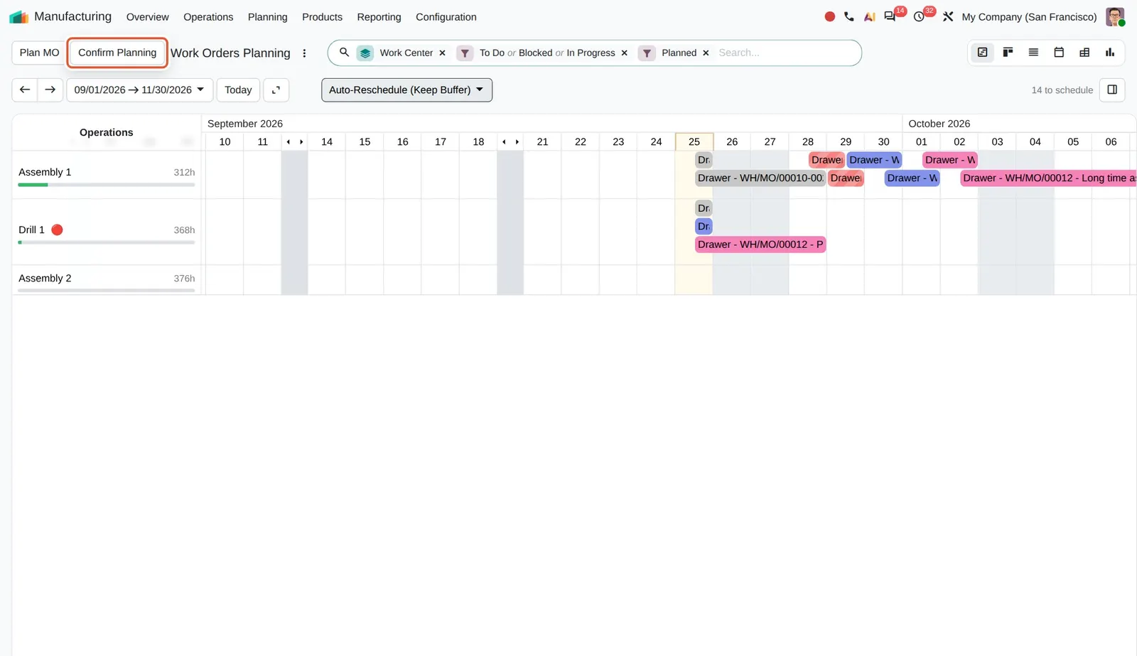 Odoo 20 Visualize and confirm work orders: Confirm Planning appears because a planned draft order (created for this shot) is in the Gantt.
