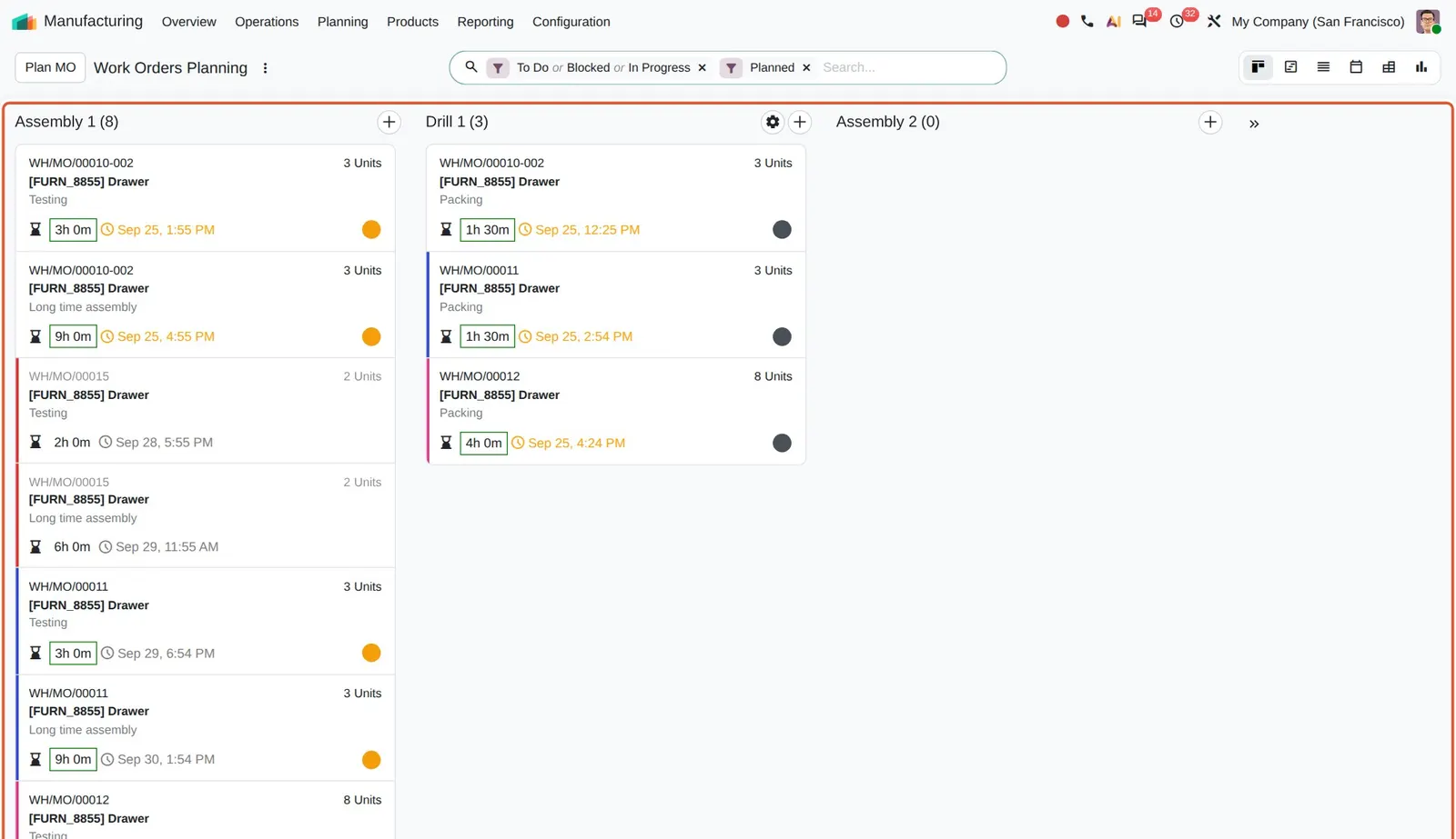 Odoo 20 Work order views: The new work order Kanban, one column per work center.