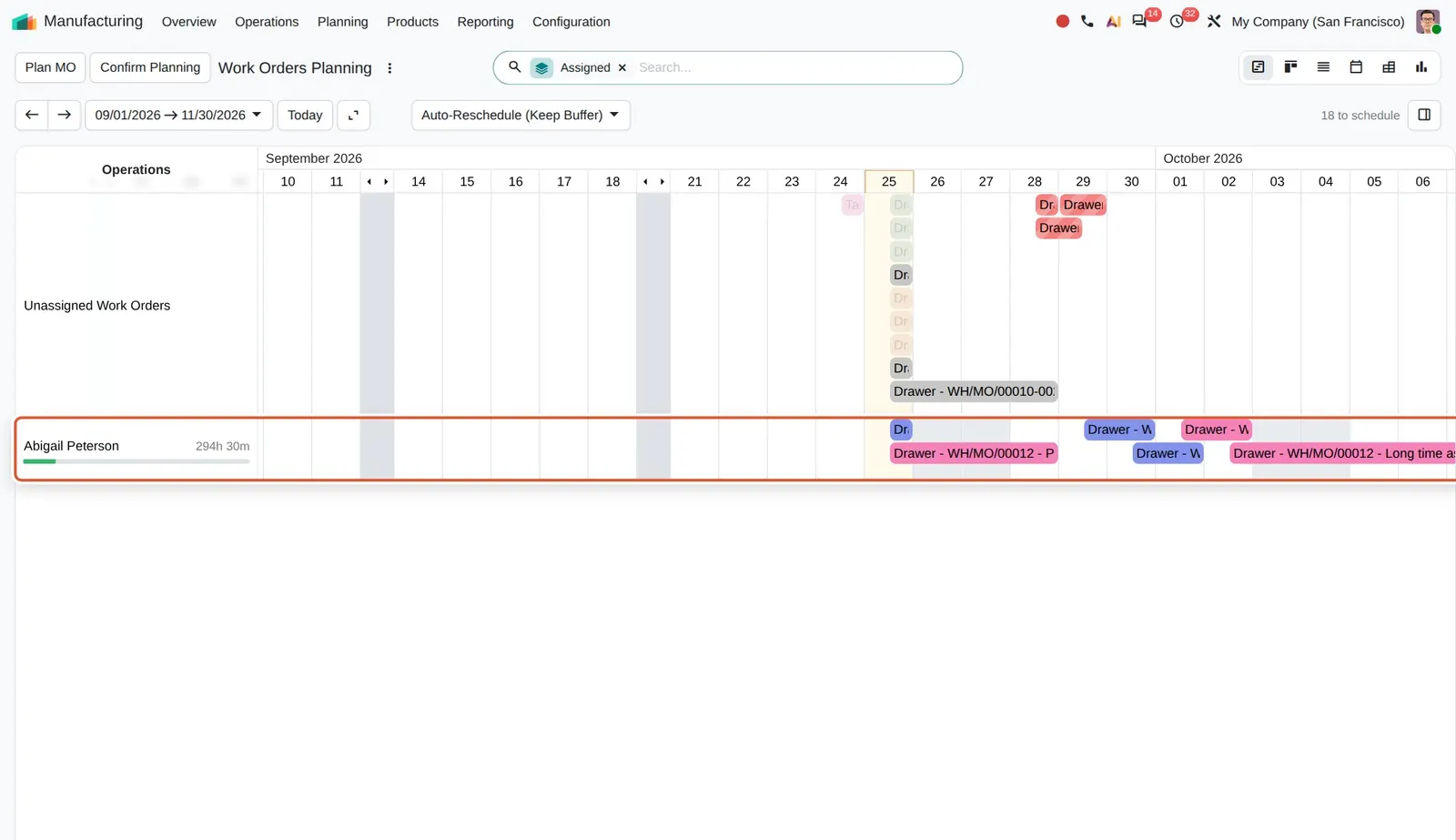 Odoo 20 Work order views: The employee row (demo assignment made for this shot) in the new work order planning per employee.