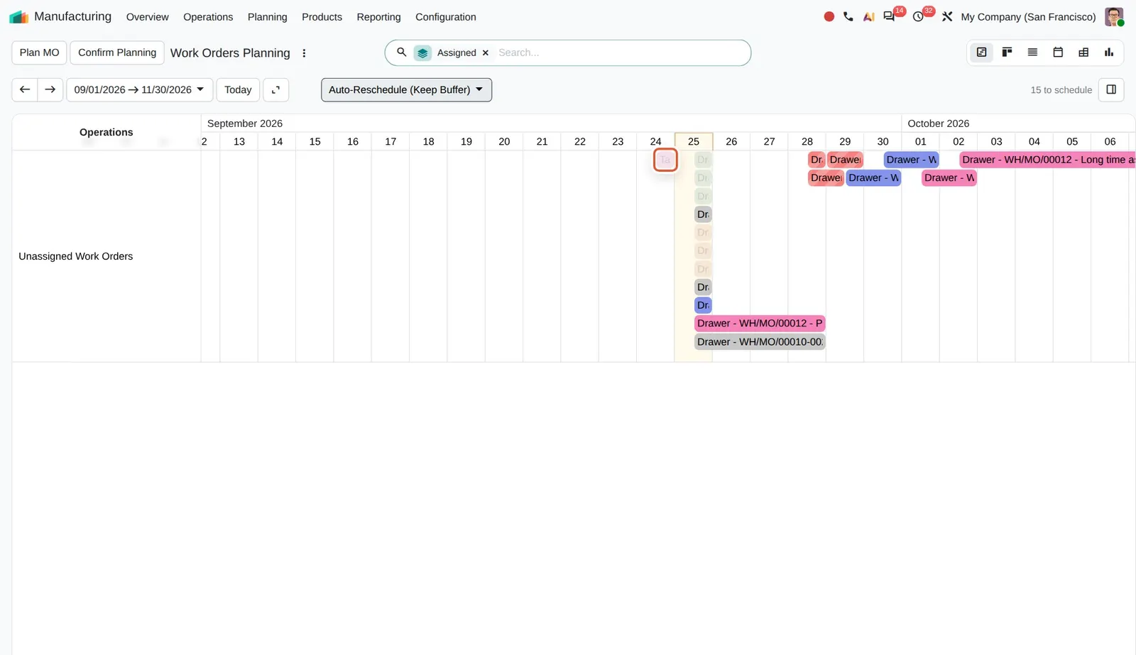 Odoo 20 Work order views: A finished work order stays in the Gantt, shown faded.