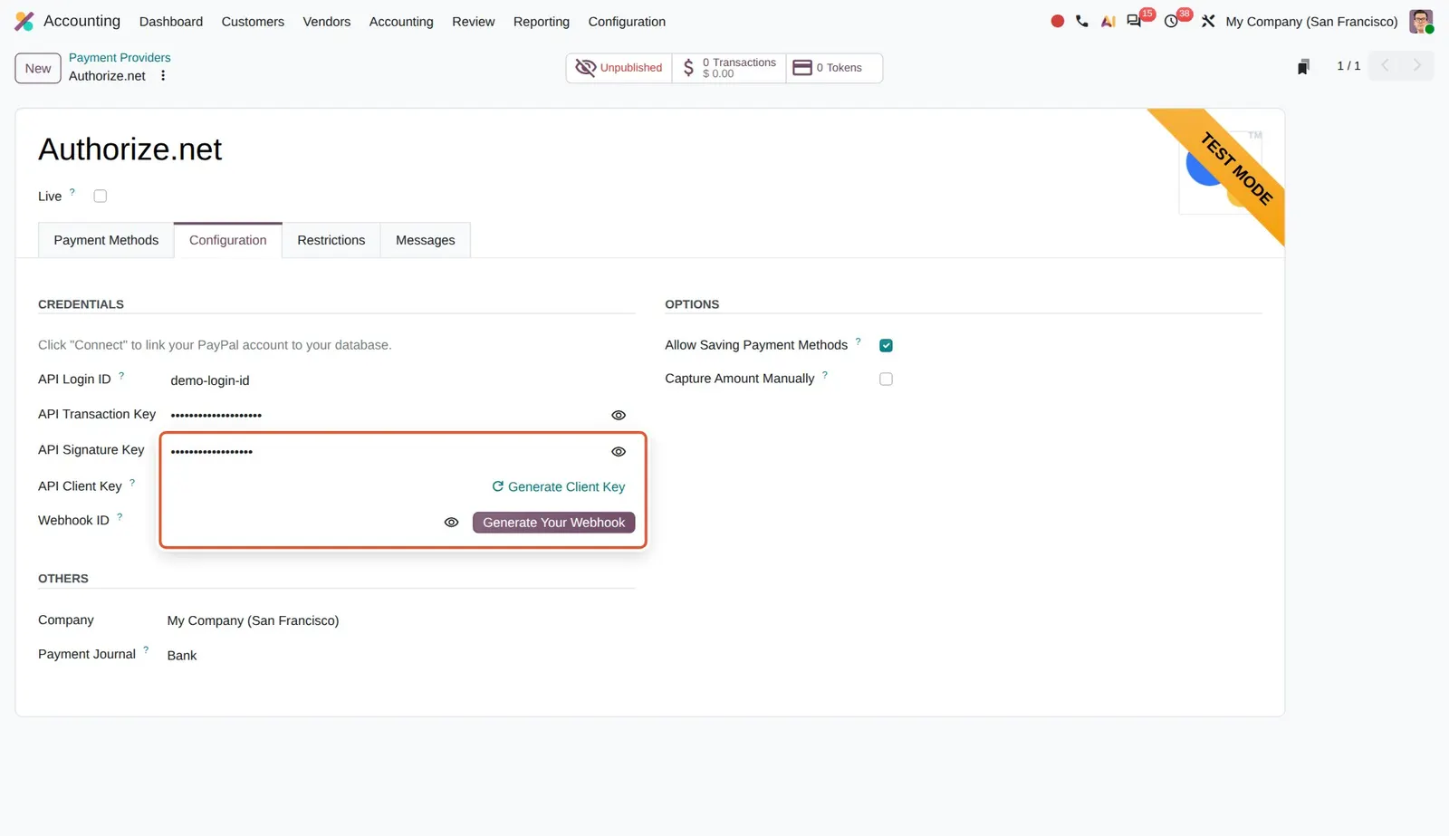 Odoo 20 Authorize.net: The Authorize.net provider now has an API Signature Key field, a Webhook ID field and a Generate Your Webhook button, used to receive delayed payment confirmations.