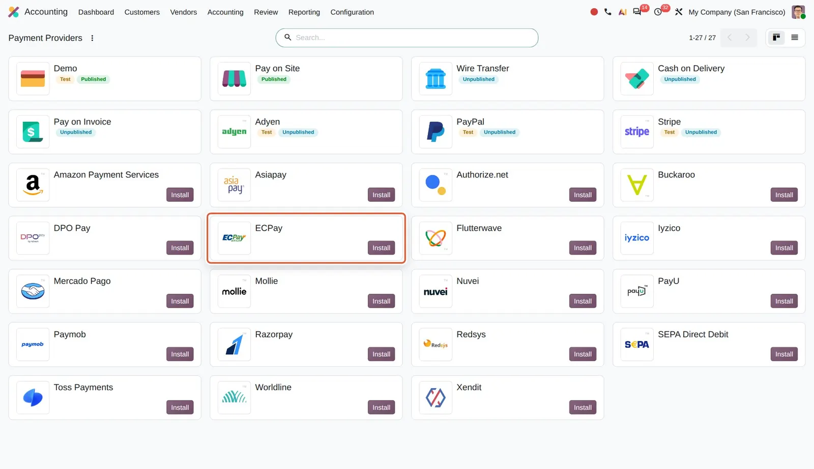Odoo 20 ECPay: ECPay is listed as an installable payment provider.
