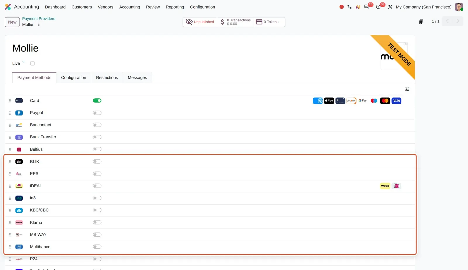 Odoo 20 Mollie: The Mollie provider lists the newly supported methods, including BLIK and Multibanco, alongside the existing ones.