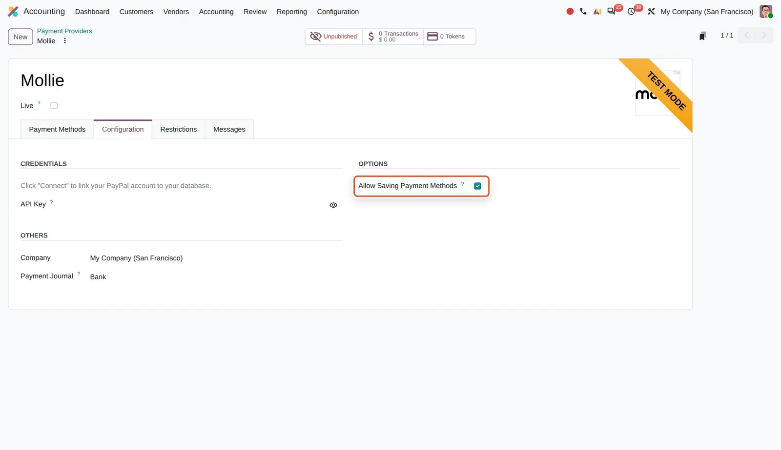 Odoo 20 Mollie: The Options group on the Mollie provider now has an Allow Saving Payment Methods checkbox, enabling tokenized/recurring charges.