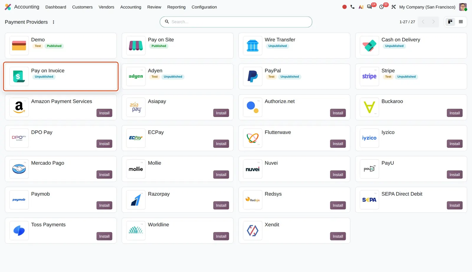 Odoo 20 Pay on Invoice provider: The new Pay on Invoice provider in the providers list.