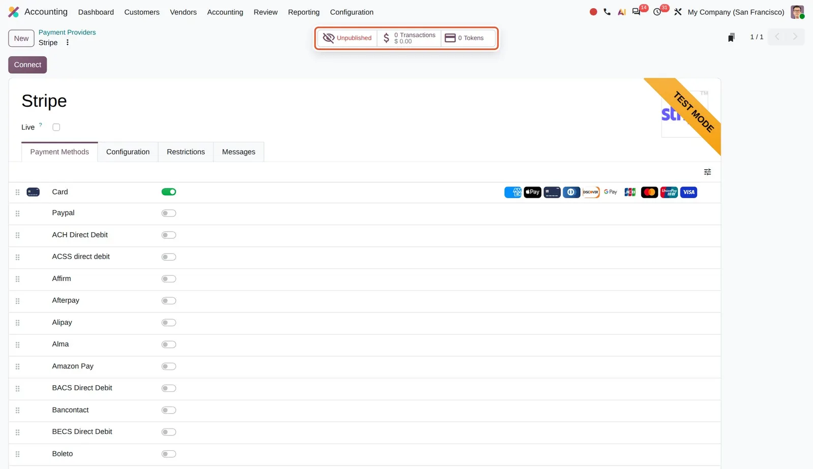 Odoo 20 Payment provider views: The new smart buttons: Published toggle, Transactions with processed amount, and Tokens.