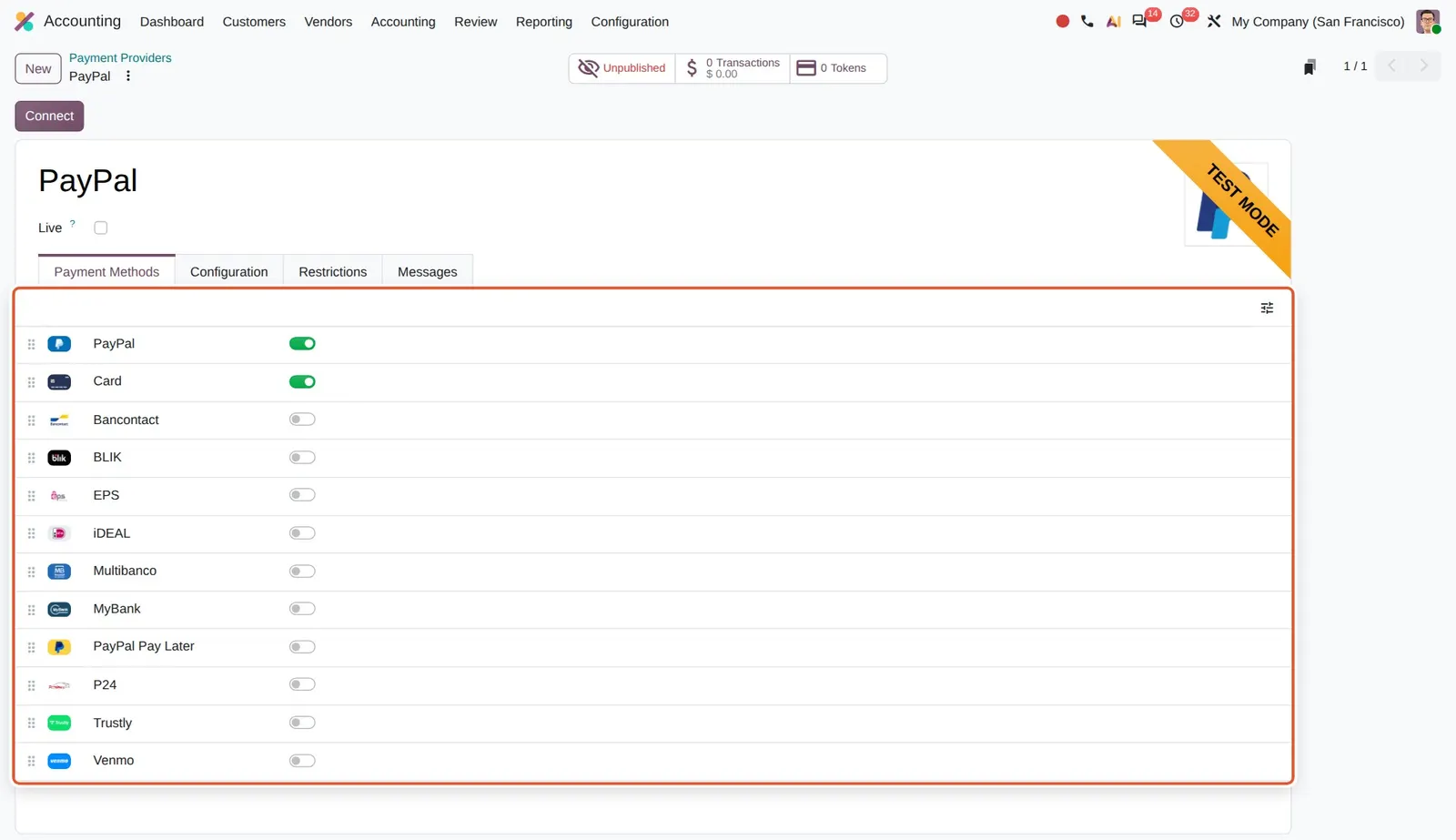 Odoo 20 PayPal: PayPal now lists Card and many alternative payment methods.