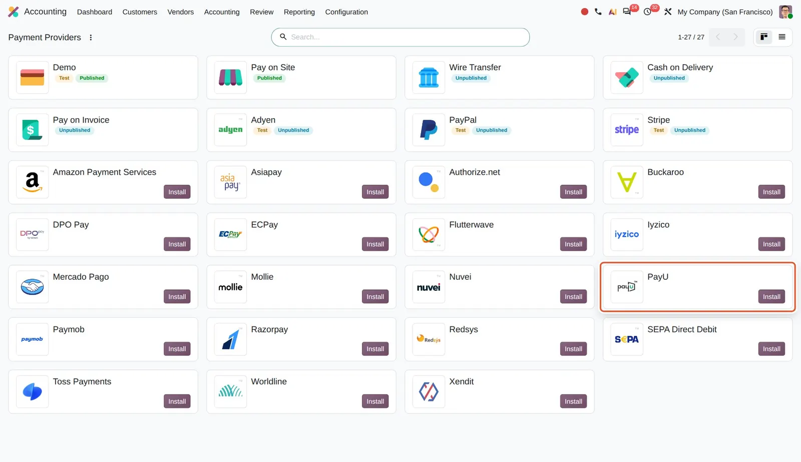 Odoo 20 PayU: PayU is listed as an installable payment provider.