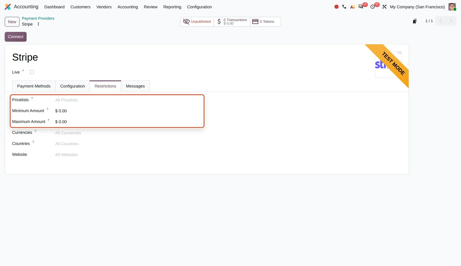 Odoo 20 Pricelist and amount restriction: New Pricelists, Minimum Amount and Maximum Amount restrictions.